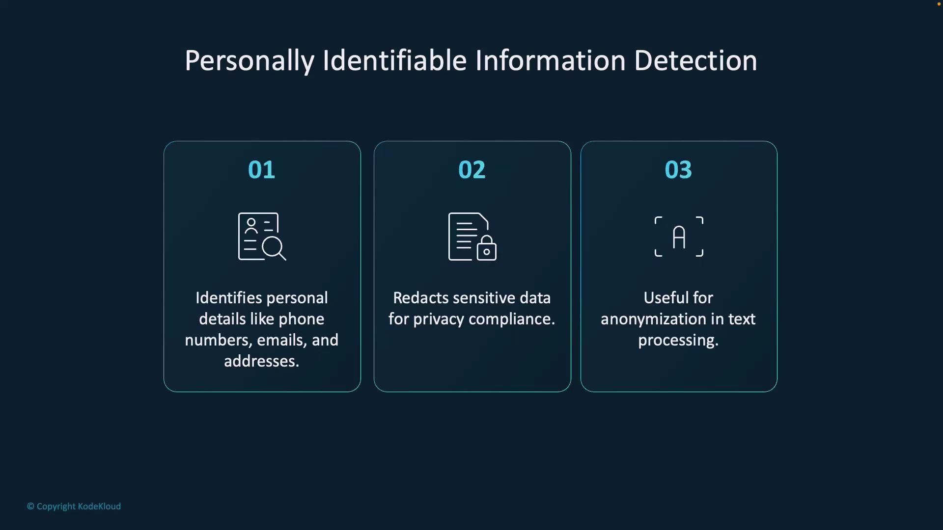 A presentation slide titled "Personally Identifiable Information Detection" with three numbered feature boxes. It says the system identifies personal details like phone numbers, emails and addresses, redacts sensitive data for privacy compliance, and helps anonymize text.