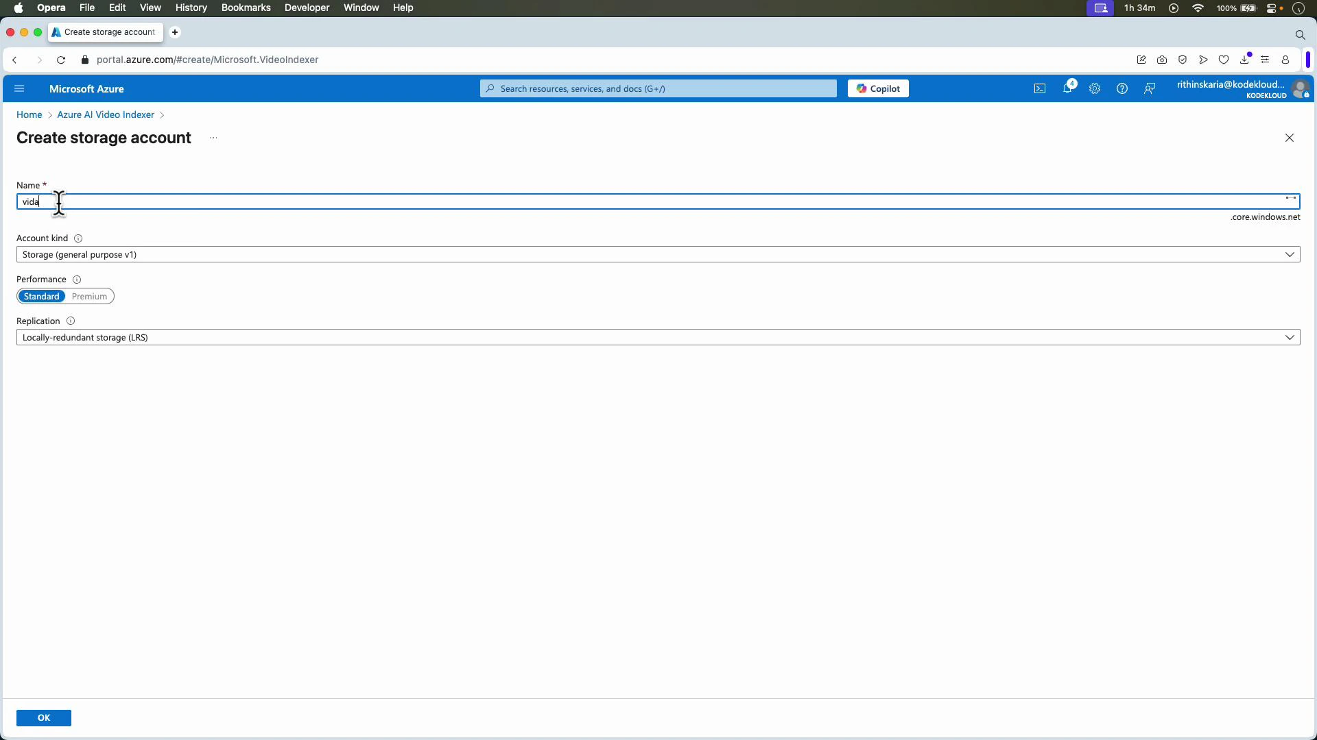A screenshot of the Microsoft Azure portal showing the "Create storage account" form with fields for Name, Account kind, Performance (Standard/Premium), and Replication (Locally‑redundant storage). The Name field is partially filled in and the page header shows "Azure AI Video Indexer."