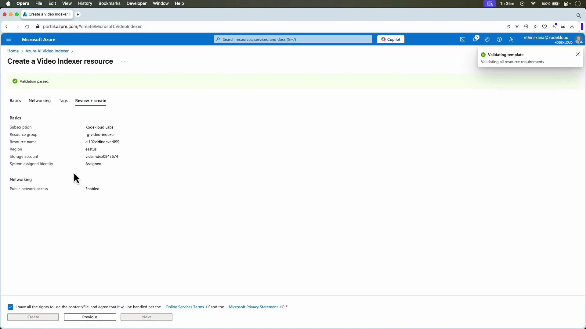 A screenshot of the Microsoft Azure portal on the "Create a Video Indexer resource" review page showing a "Validation passed" message and a summary of resource settings (subscription, resource group, resource name, region, storage account). The browser toolbar and user menu are visible at the top.