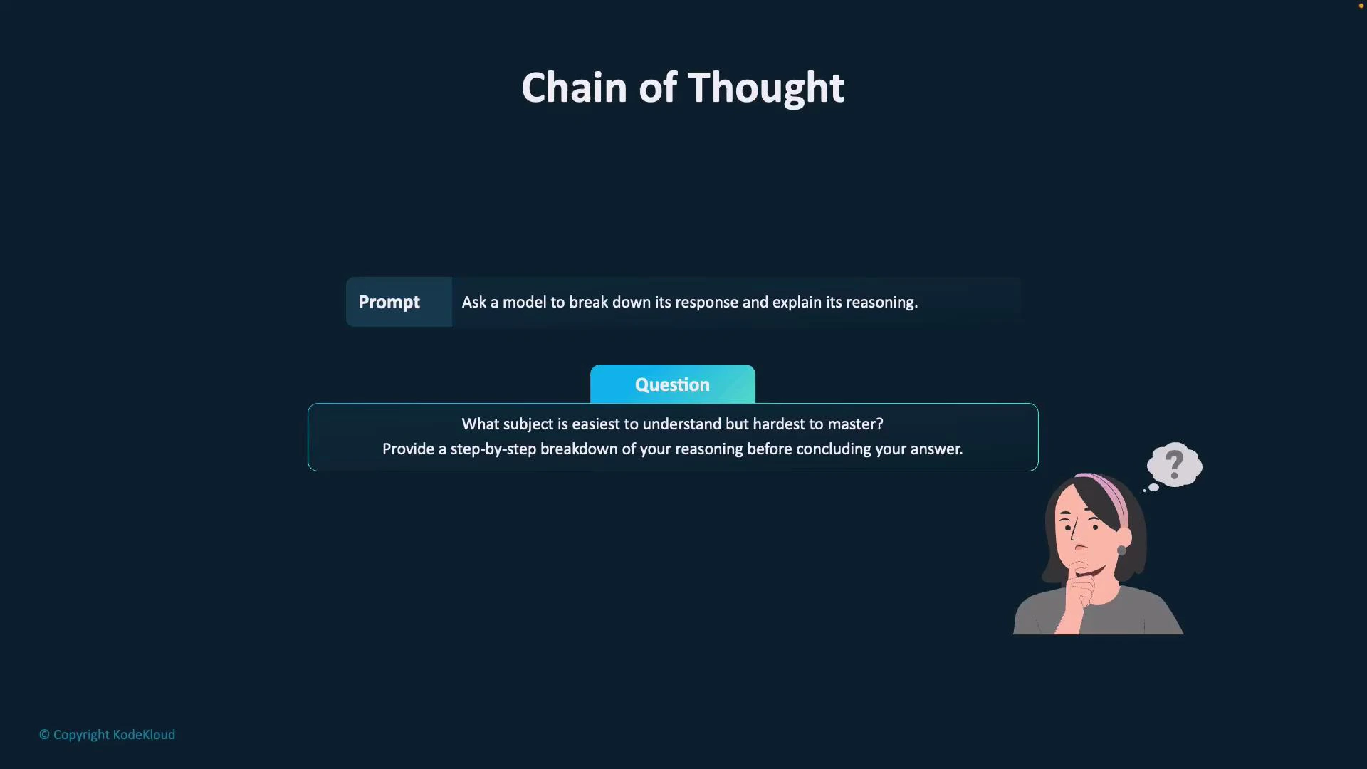 A dark-themed slide titled "Chain of Thought" that shows a prompt asking a model to break down its reasoning and a sample question about which subject is easy to understand but hard to master. A small illustration of a thinking woman with a question mark accompanies the text.