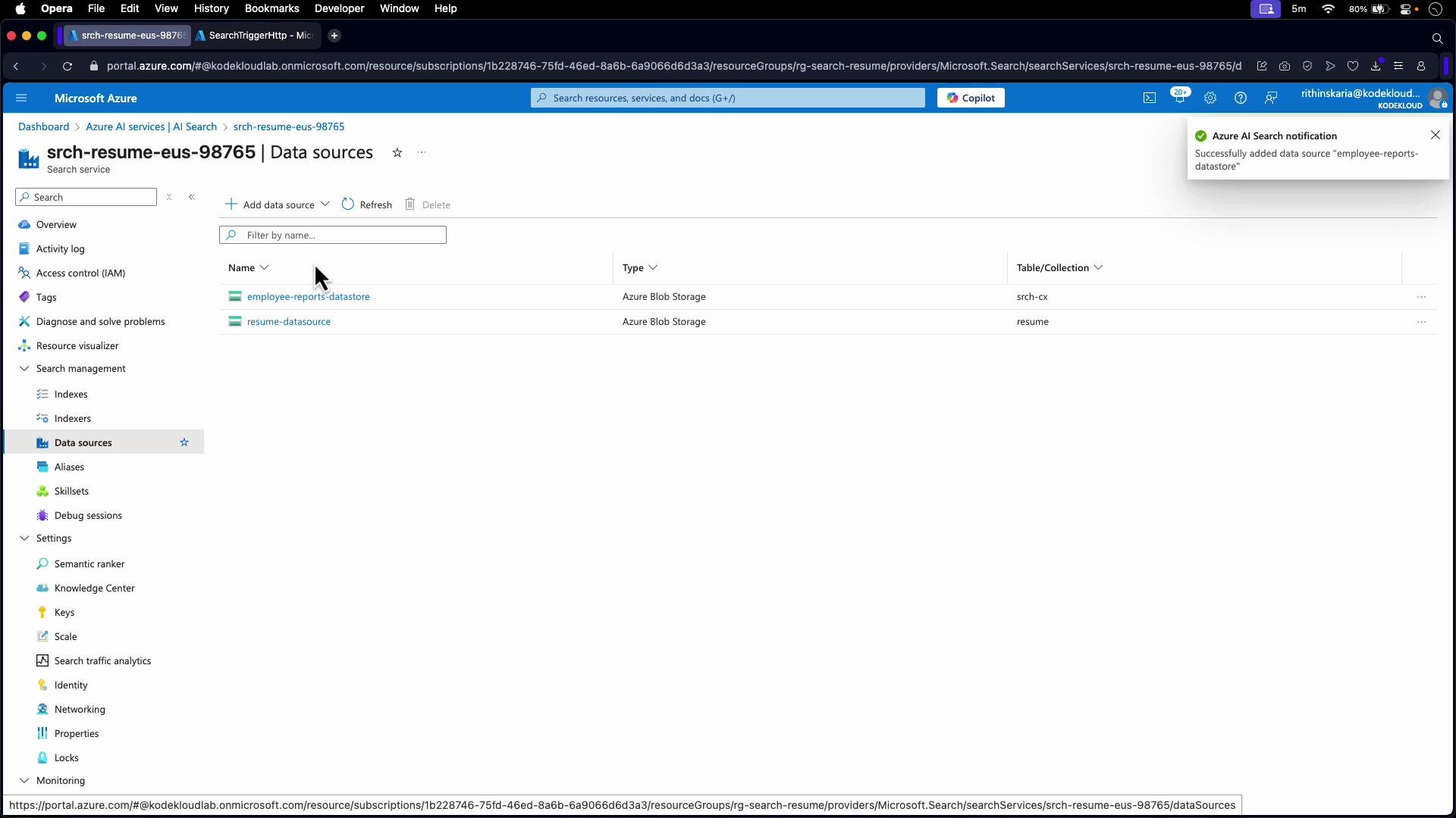 A screenshot of the Microsoft Azure portal showing the "srch-resume-eus-98765 | Data sources" page with two Azure Blob Storage data sources listed: "employee-reports-datastore" and "resume-datasource." A notification in the top-right confirms the data source "employee-reports-datastore" was successfully added.