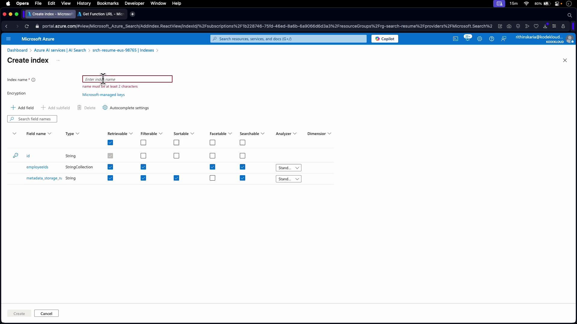 A screenshot of the Microsoft Azure portal on the "Create index" page for Azure AI Search, showing a form to enter an index name and encryption options. The lower section lists index fields (id, employeeIds, metadata_storage_...) with columns for Retrievable, Filterable, Sortable, Searchable and Analyzer settings.