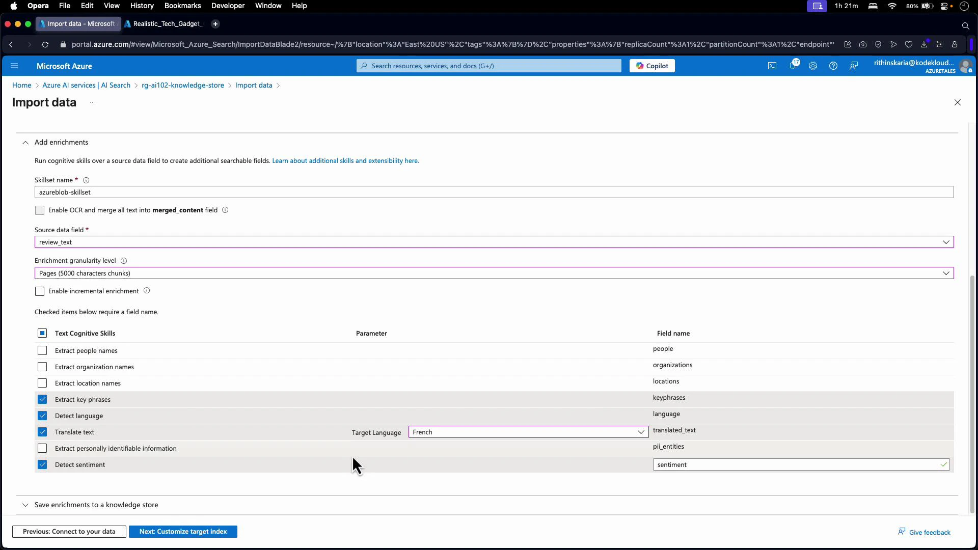 A screenshot of the Microsoft Azure portal showing the "Import data" page for an AI Search/knowledge store, with a skillset configuration panel. The form lists text cognitive skills (extract key phrases, detect language, translate to French, detect sentiment, etc.) and fields like source data field and enrichment granularity.