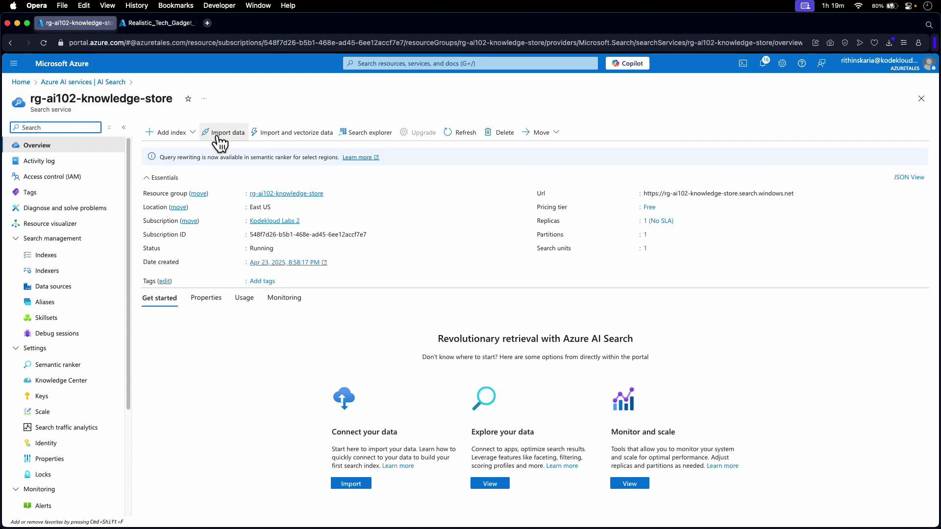 A screenshot of the Microsoft Azure portal showing the overview page for an Azure AI Search resource named "rg-ai102-knowledge-store." The page displays resource essentials (location, subscription, URL, status), action buttons like Import data and Add index, and guidance tiles for connecting, exploring, and monitoring data.