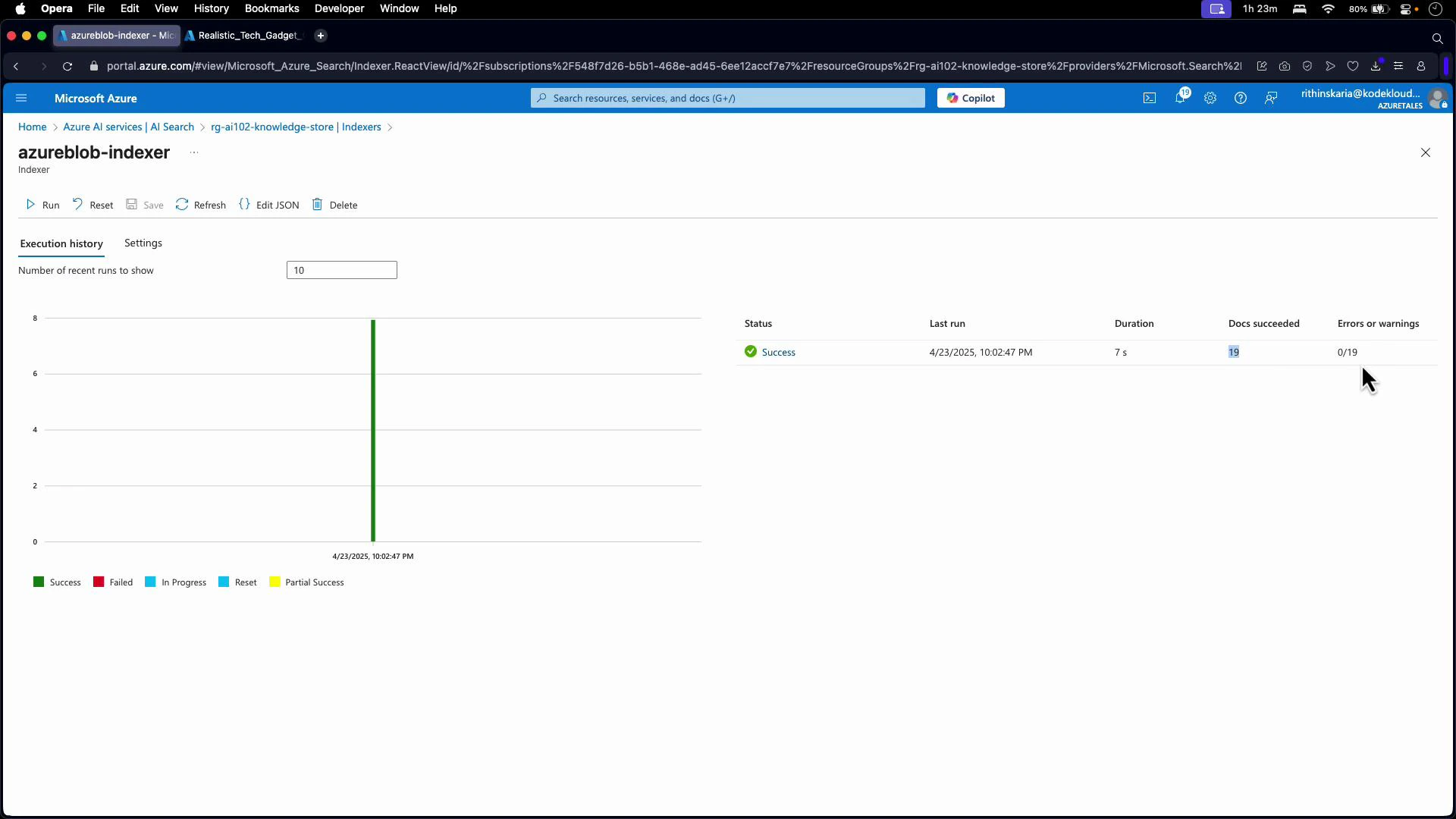 Screenshot of the Microsoft Azure portal displaying the "azureblob-indexer" indexer execution history. It shows a successful run with a green bar, 19 documents succeeded, a 7s duration, and the last run timestamp.