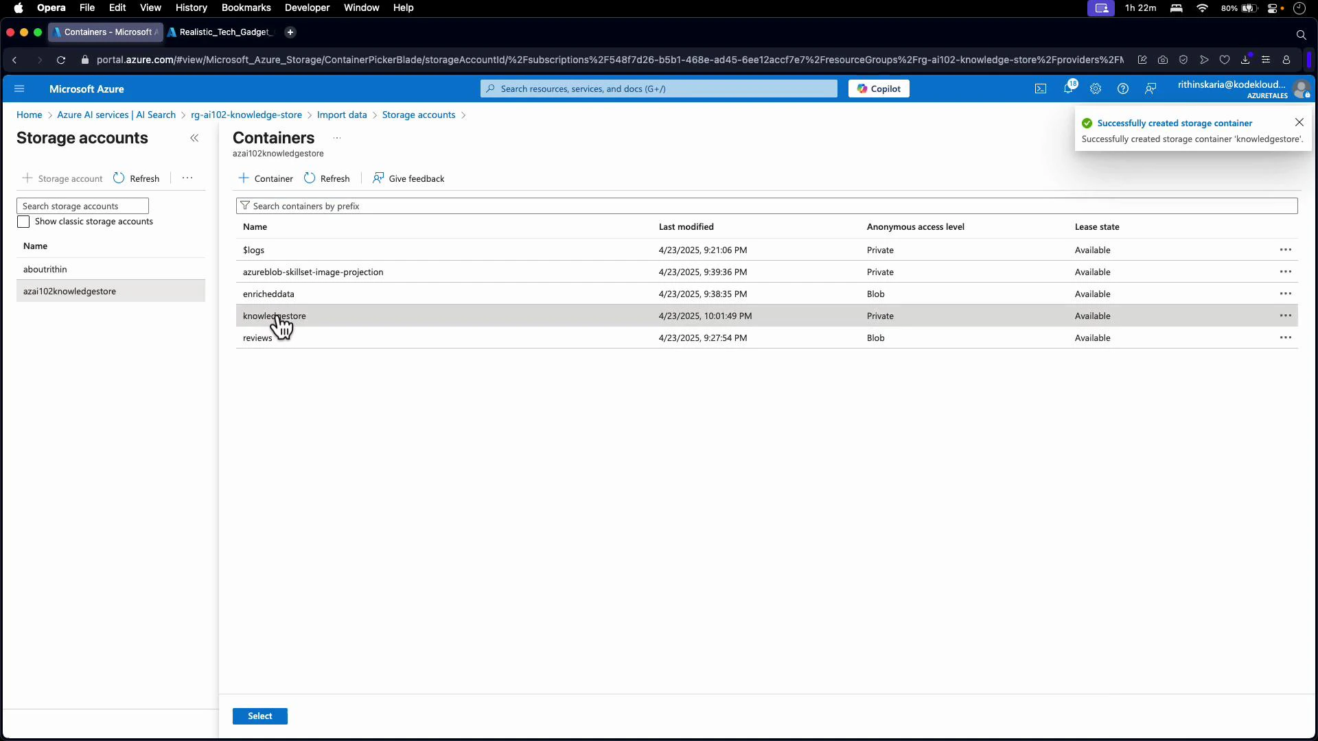 A screenshot of the Microsoft Azure portal displaying Storage accounts and a list of Containers for the account "azai102knowledgestore," with the "knowledgestore" container selected. A notification in the top-right says a storage container was successfully created.