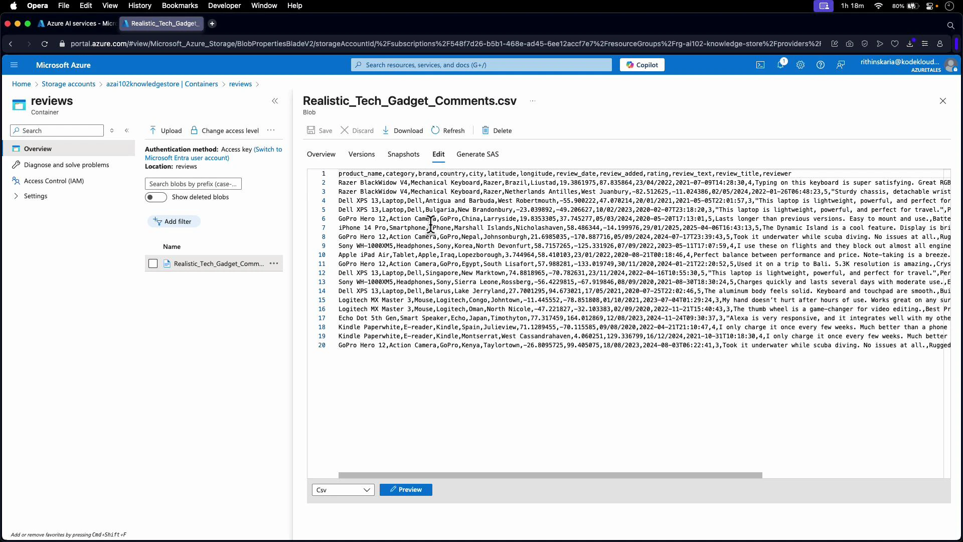 A screenshot of the Microsoft Azure portal showing a storage container named "reviews" with a blob file "Realistic_Tech_Gadget_Comments.csv" open; the file preview displays rows of product review data (product names, locations, ratings and review text).