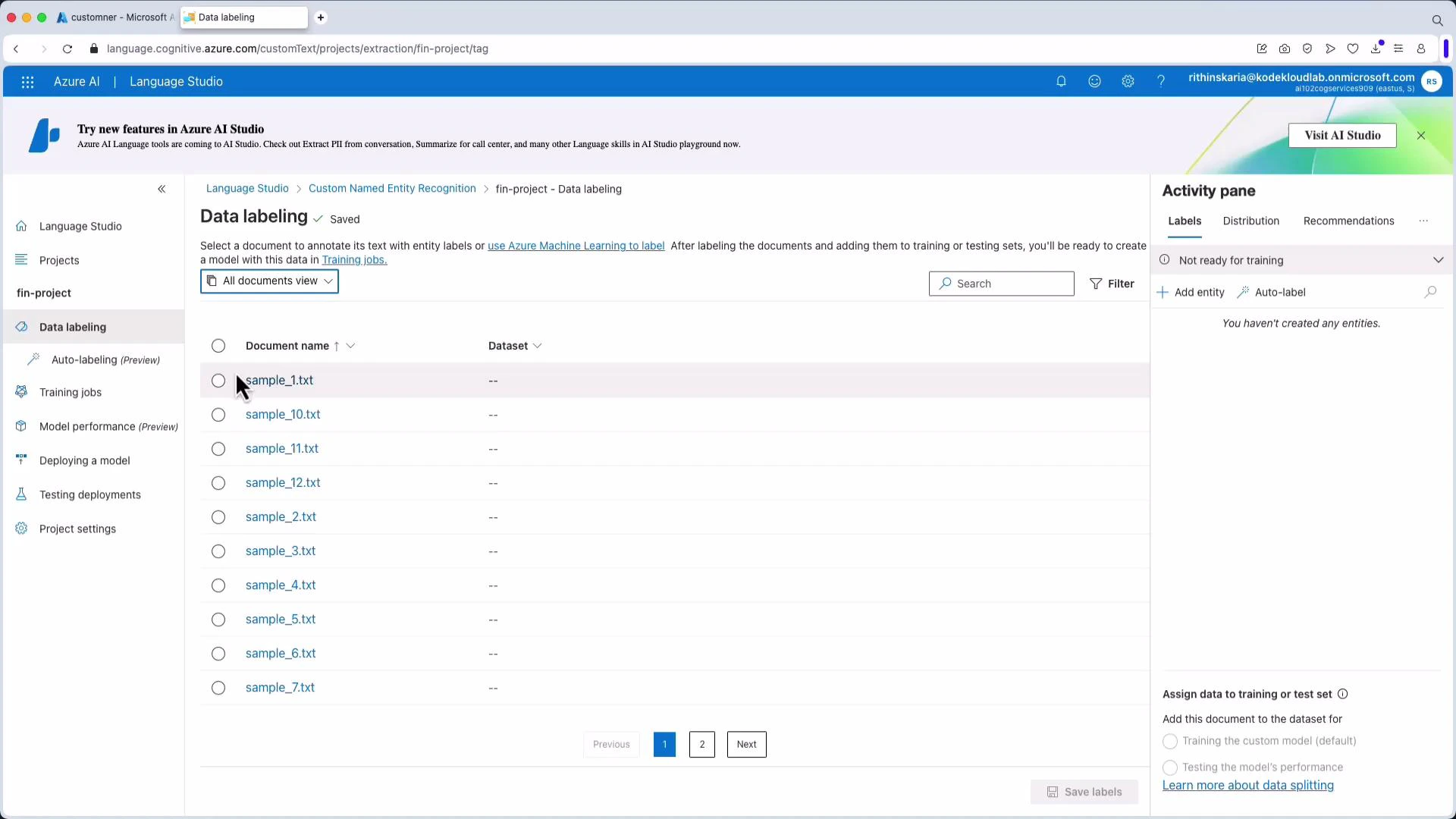 A screenshot of the Azure AI Language Studio "Data labeling" page showing a list of sample text documents (sample_1.txt, sample_2.txt, etc.) ready for annotation and an Activity pane on the right for labels and entities. The left sidebar displays project navigation options like Auto-labeling, Training jobs, and Project settings.