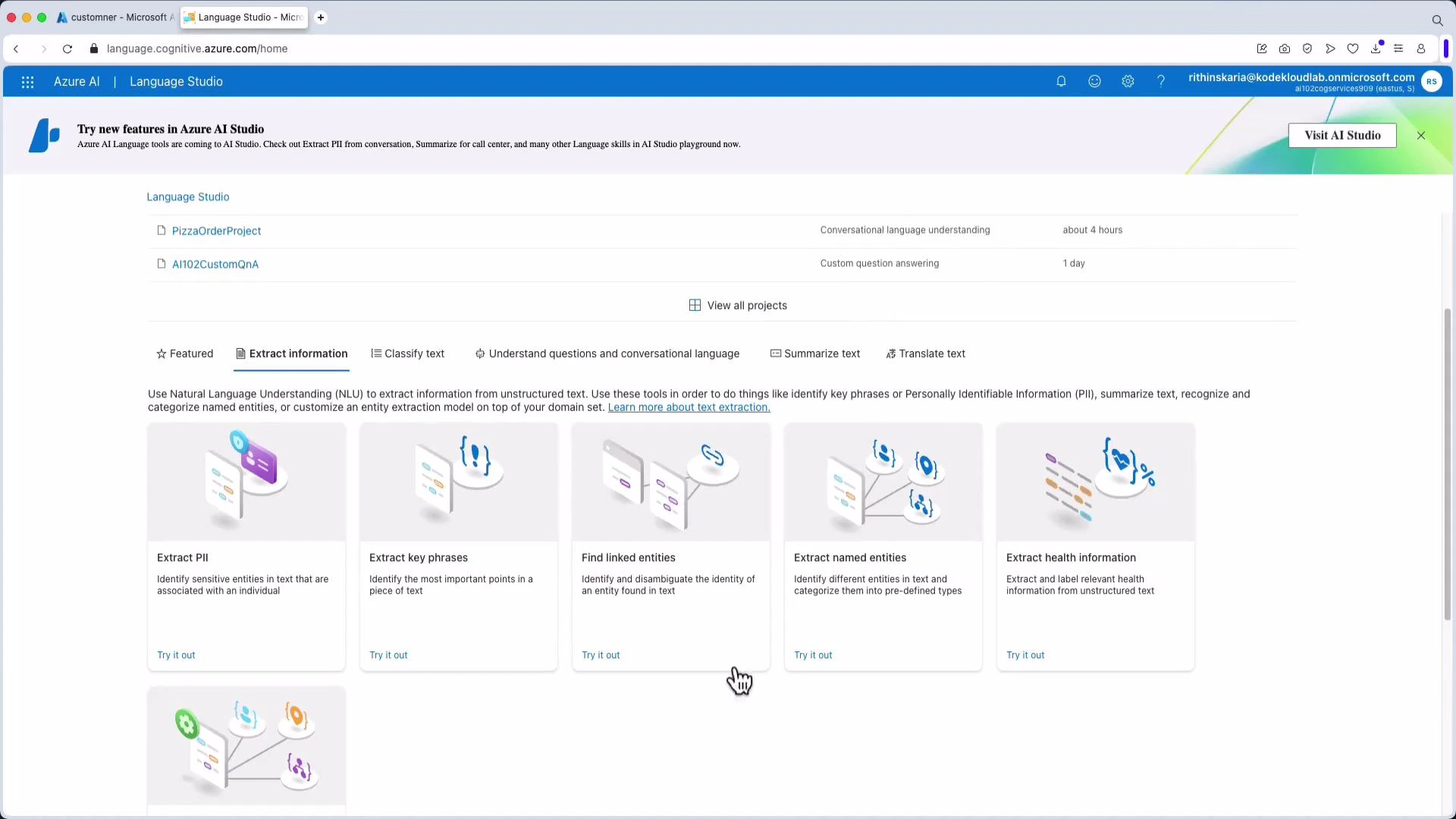 A screenshot of the Azure AI Language Studio web interface showing projects and a toolbar. The main area displays cards for text-extraction features like Extract PII, Extract key phrases, Find linked entities, Extract named entities, and Extract health information.