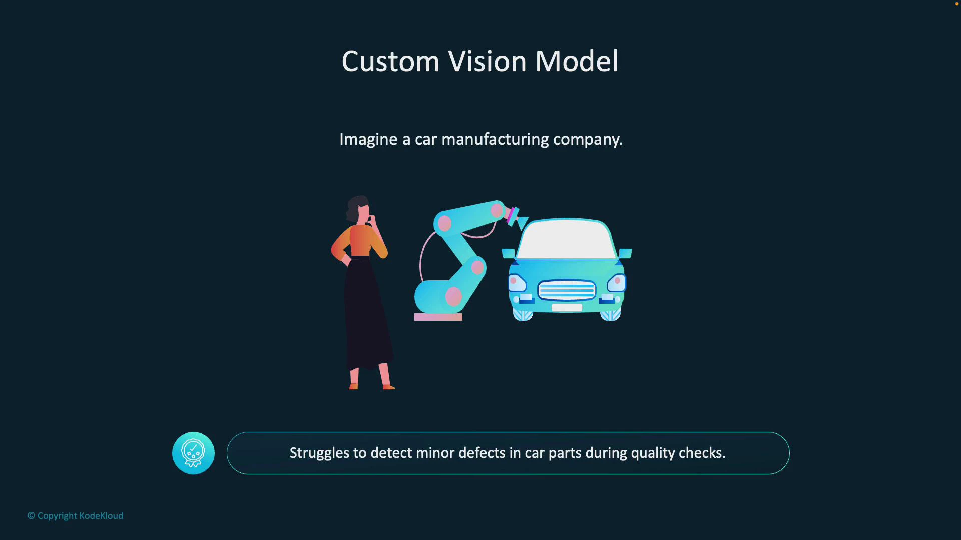 A slide titled "Custom Vision Model" with the prompt "Imagine a car manufacturing company." It shows an illustration of a person, a robotic arm and a car, with a caption saying the company "struggles to detect minor defects in car parts during quality checks."