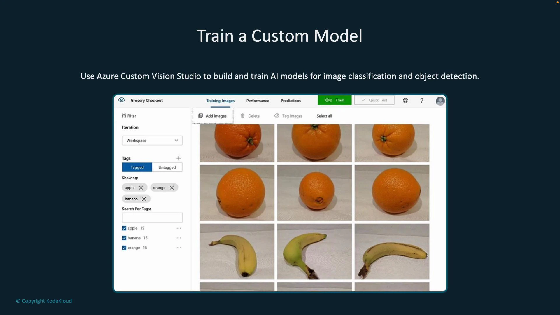 Screenshot of the "Train a Custom Model" page in Azure Custom Vision Studio, showing a grid of training images (mostly oranges and a few bananas) and tag/filter controls on the left. It's an interface for building and labeling images for image classification.