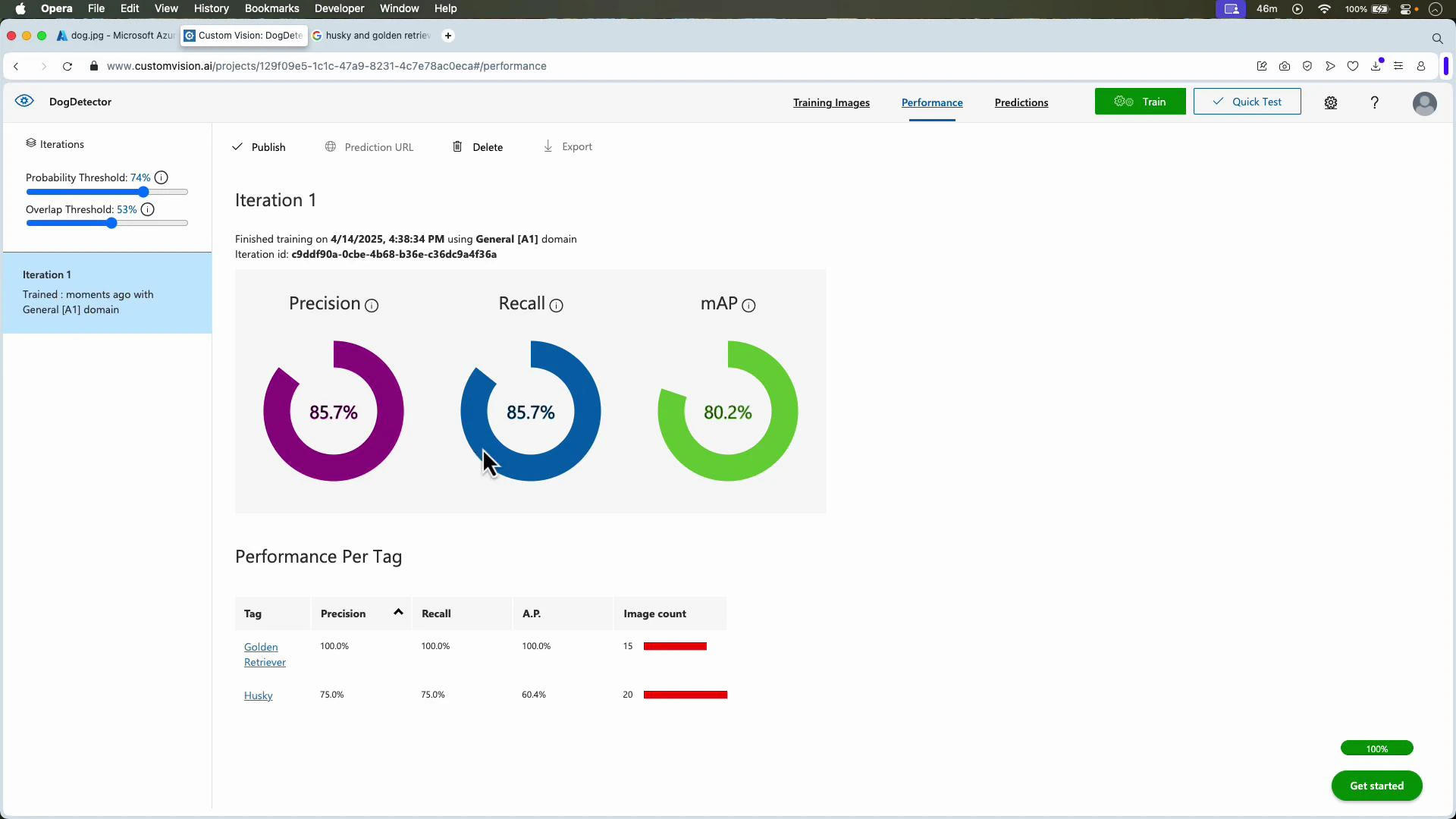 A browser screenshot of an Azure Custom Vision "DogDetector" project performance page showing three circular metrics (Precision 85.7%, Recall 85.7%, mAP 80.2%). Below is a "Performance Per Tag" table listing results for Golden Retriever and Husky.