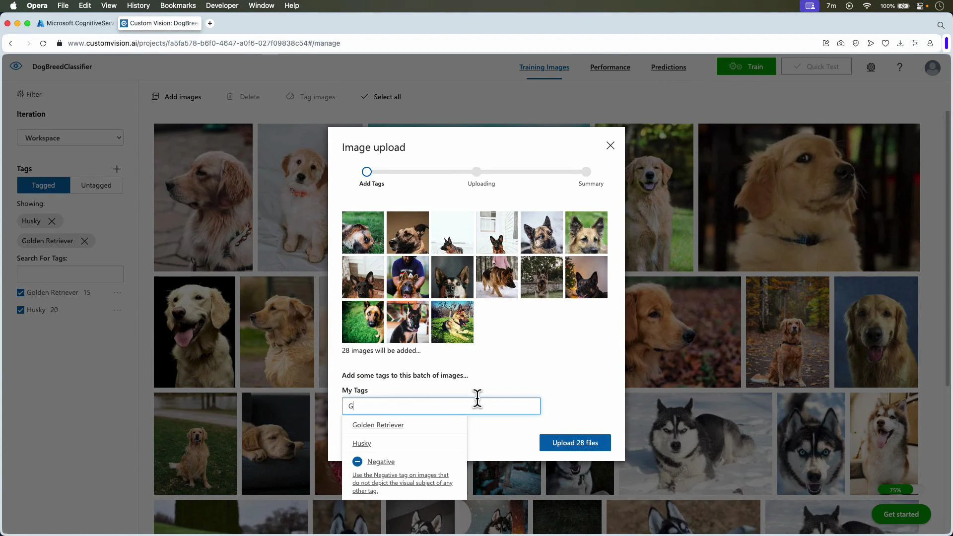 A screenshot of a web-based image uploader (Custom Vision) showing a grid of dog photos being added. The dialog includes tag options like "Golden Retriever" and "Husky" for the 28 images.