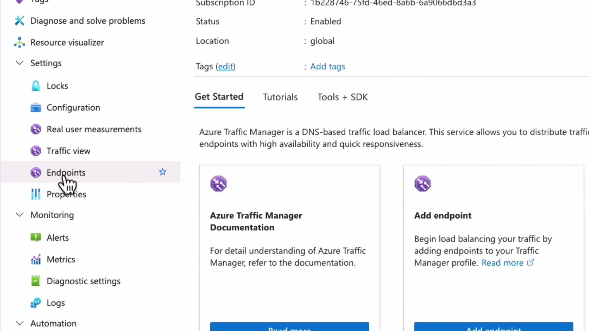 The image shows the Azure Traffic Manager interface, with navigation options and a section for adding endpoints. It describes the service as a DNS-based traffic load balancer for distributing traffic with high availability.