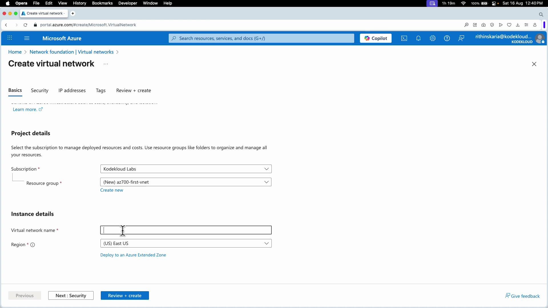 The image shows a Microsoft Azure portal interface for creating a virtual network, displaying sections for project and instance details with fields for subscription and resource group selection.