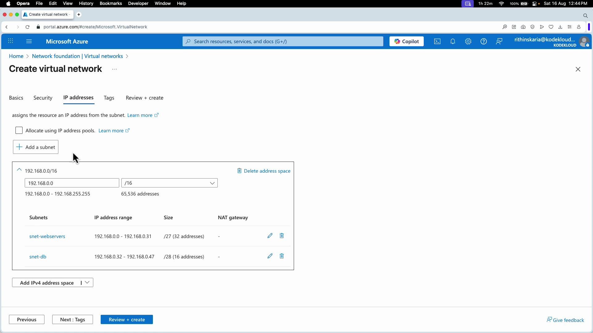 The image shows a Microsoft Azure portal interface for creating a virtual network, with options to set IP addresses and subnets. It displays configurations for subnets labeled "snet-webservers" and "snet-db."