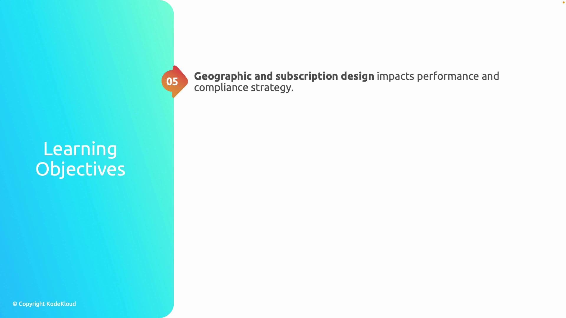 The image features "Learning Objectives" on a blue-green gradient background and a point about how geographic and subscription design impacts performance and compliance strategy.