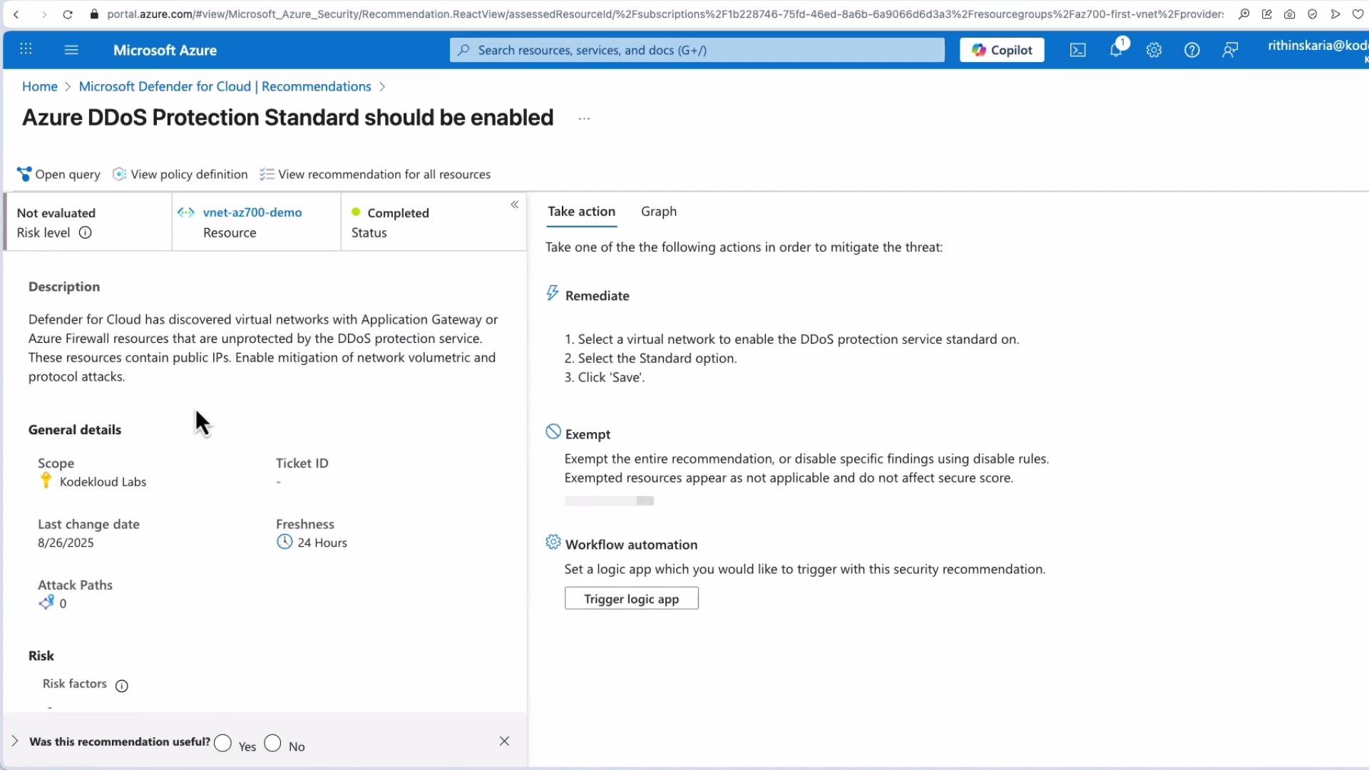 The image shows an Azure security recommendation for enabling DDoS Protection Standard. It includes details about the recommendation, risk level, general details, and options for remediation and workflow automation.