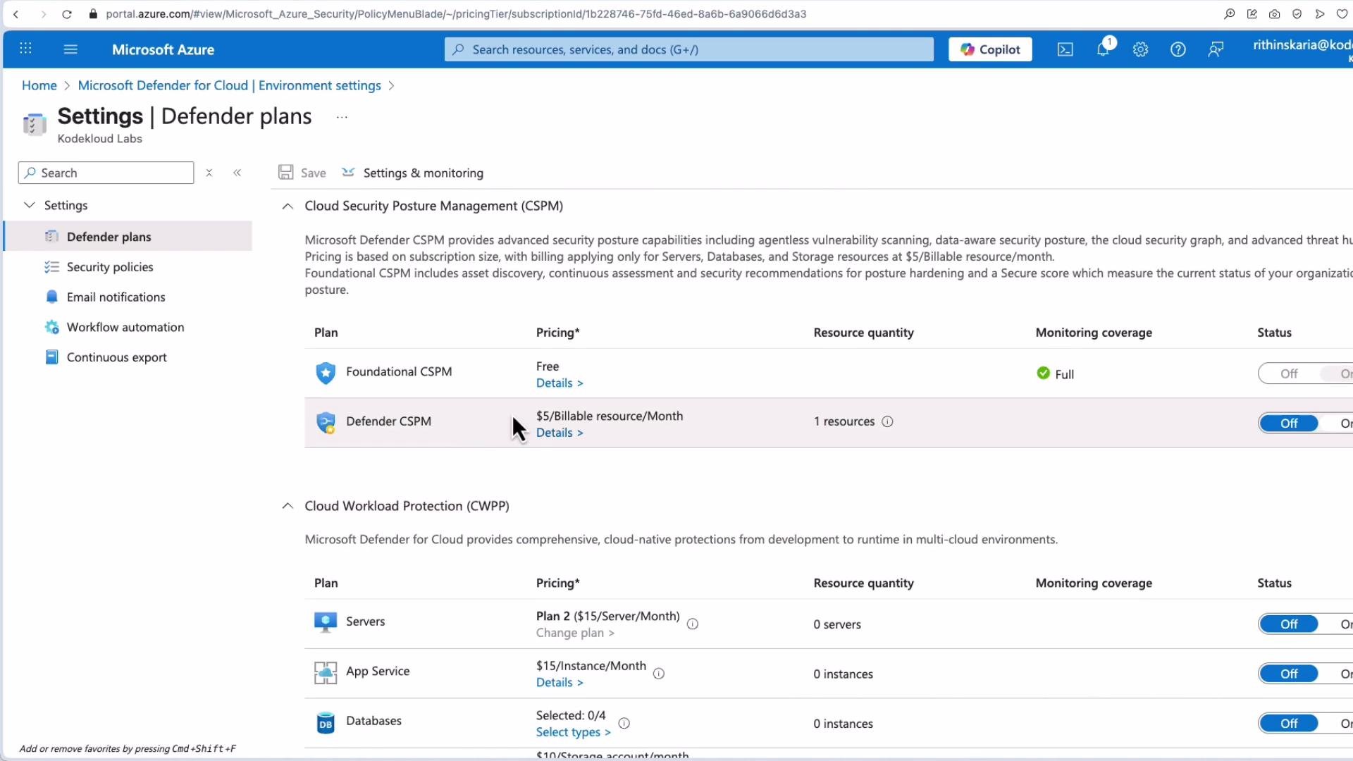 The image shows the Microsoft Azure portal focusing on "Defender plans" settings for Cloud Security Posture Management (CSPM) and Cloud Workload Protection (CWP) with pricing and resource quantity details. The options for turning monitoring coverage on or off are also visible.