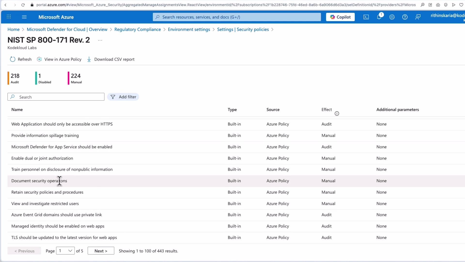 The image shows a Microsoft Azure portal screen displaying a list of security policies under the "NIST SP 800-171 Rev. 2" compliance standard. It includes details such as policy names, types, effects, and sources.