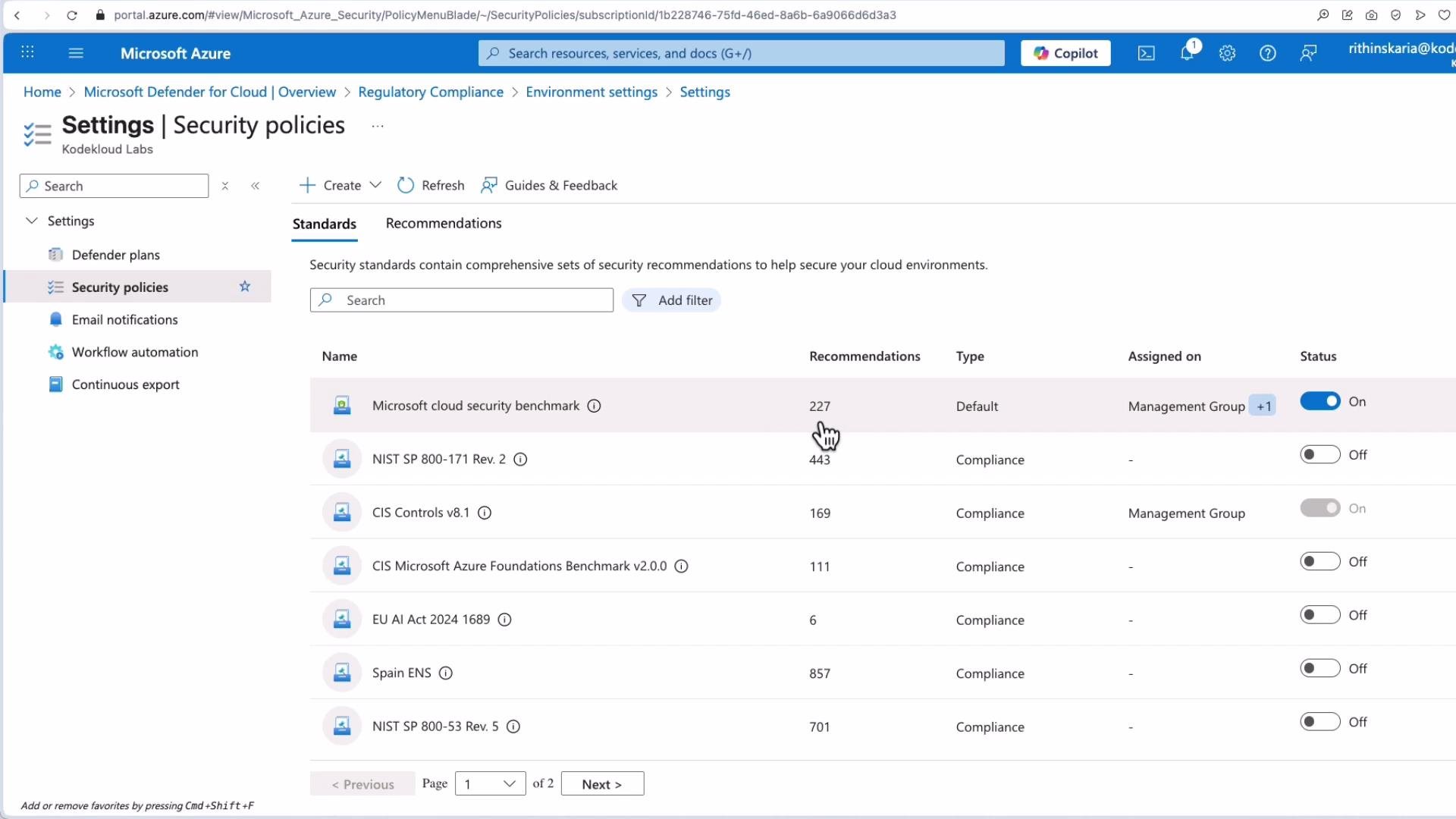 The image shows the Microsoft Azure portal's "Security policies" settings, displaying various security standards and their recommendations with options to toggle their status on or off.