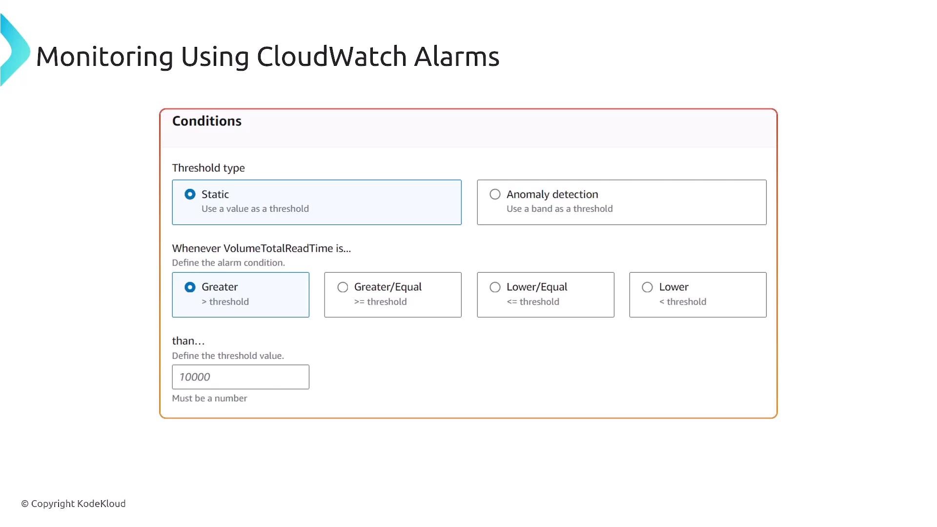 A screenshot of a "Monitoring Using CloudWatch Alarms" settings page showing the Conditions panel for choosing threshold type (Static vs Anomaly detection) and comparison operators. The Static and Greater options are selected and the threshold value is set to 10000.