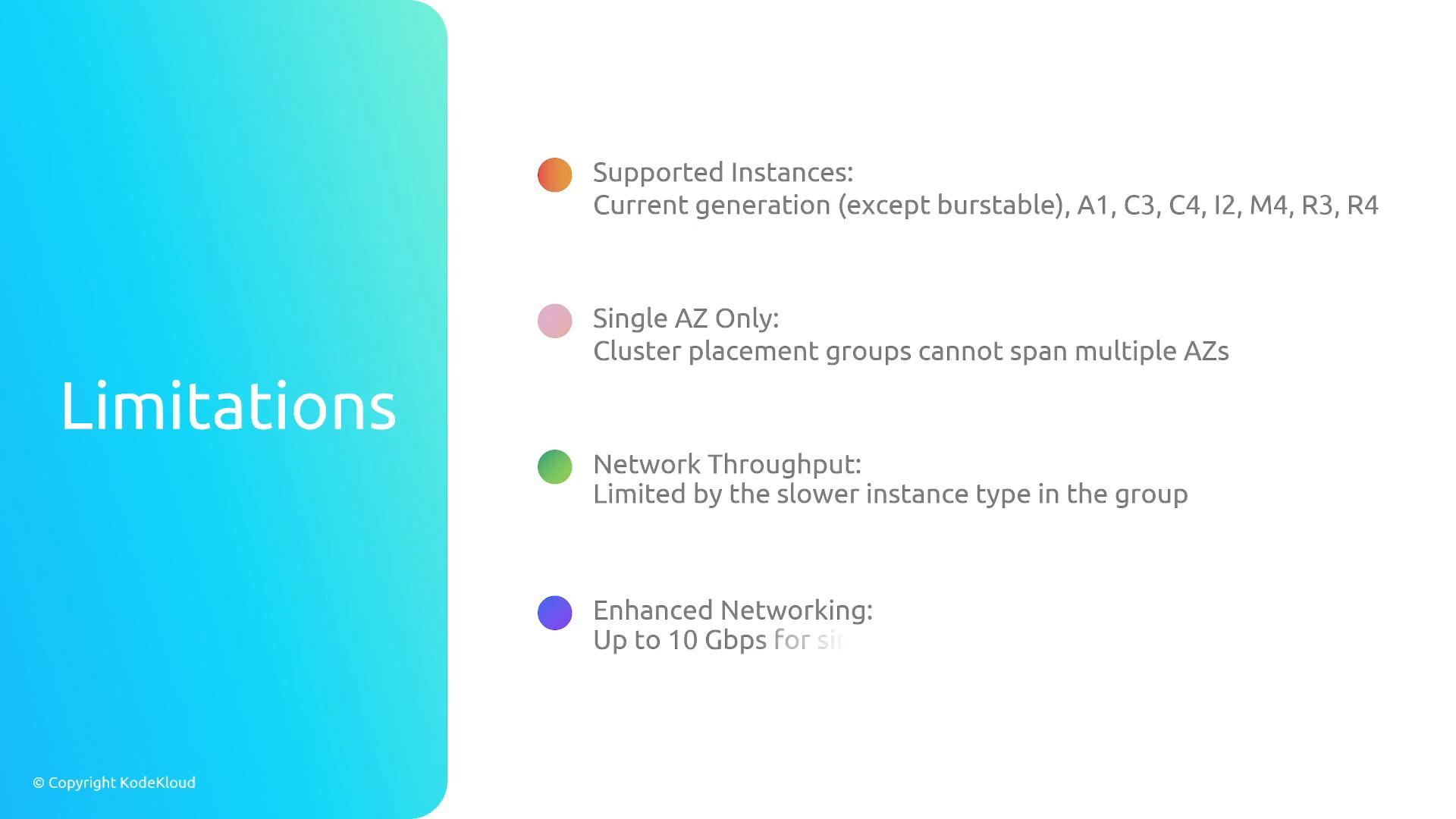 A presentation slide titled "Limitations" with a turquoise left panel and colored bullet points on the right listing constraints such as supported instance types, single-AZ-only cluster placement, and network throughput limits. A small "© Copyright KodeKloud" appears at the bottom.