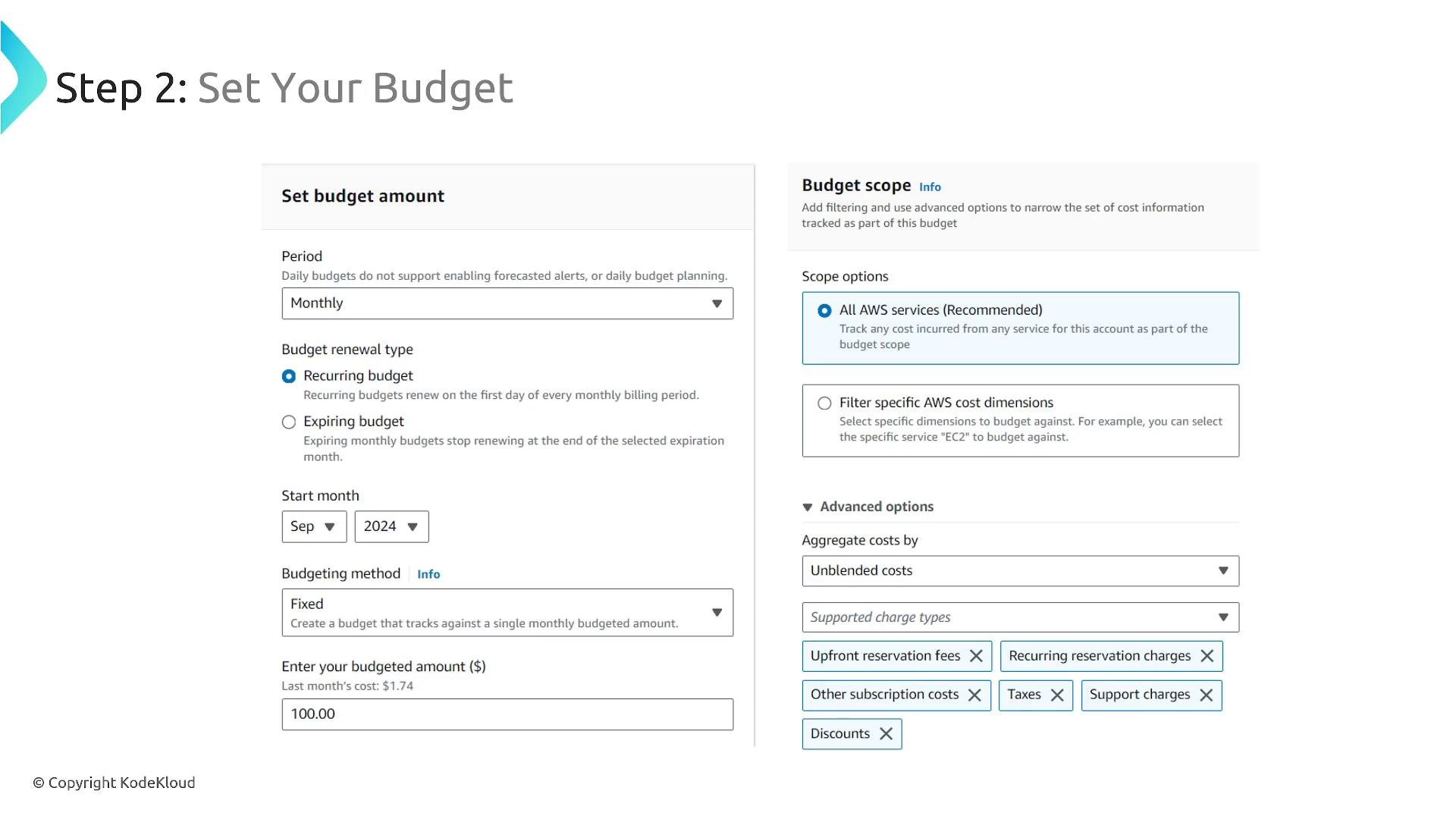 A screenshot of an AWS "Step 2: Set Your Budget" setup page showing form fields for period (Monthly), budget renewal type, start month, budgeting method and an example budget amount ($100). The right side shows budget scope options (e.g., "All AWS services (Recommended)"), advanced options and supported charge-type selections.
