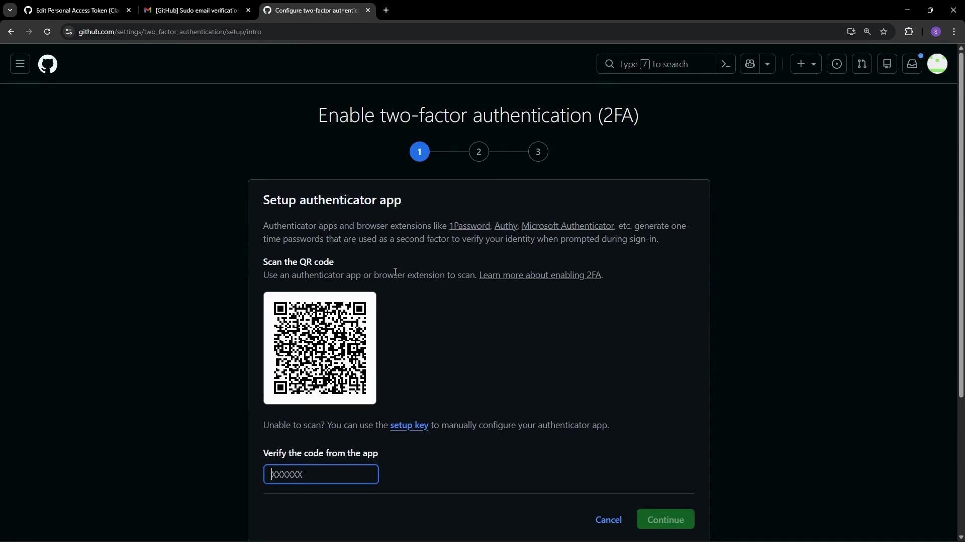 The image shows a GitHub webpage prompting the user to enable two-factor authentication (2FA) using an authenticator app. It includes a QR code for scanning and a field to enter a verification code.