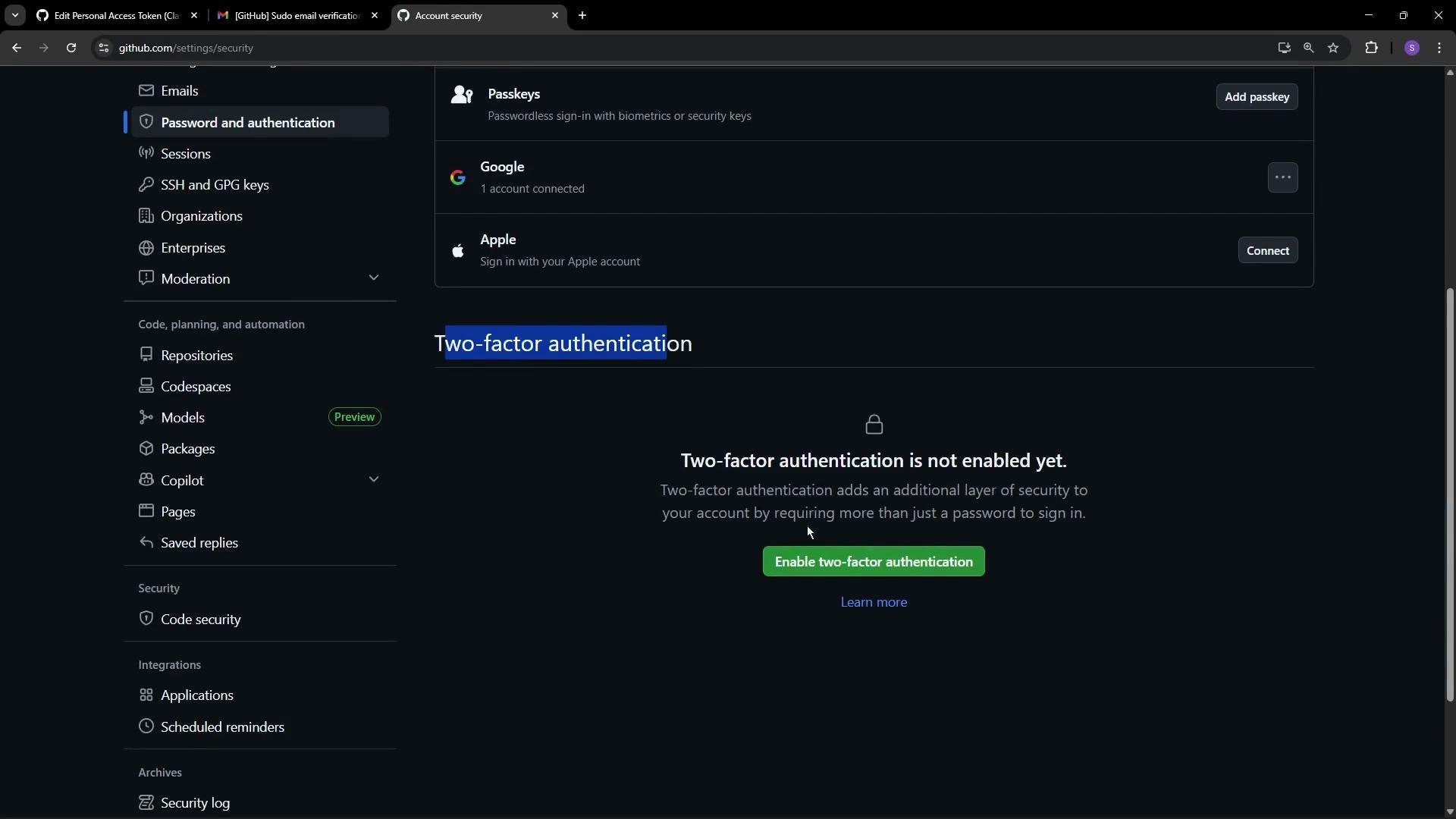 The image shows a GitHub "Password and authentication" settings page, indicating that two-factor authentication is not enabled, with an option to enable it.