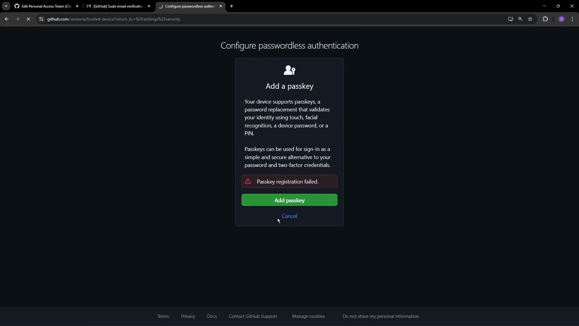 The image shows a GitHub interface for configuring passwordless authentication with a notification that "Passkey registration failed." There are options to add a passkey or cancel the process.