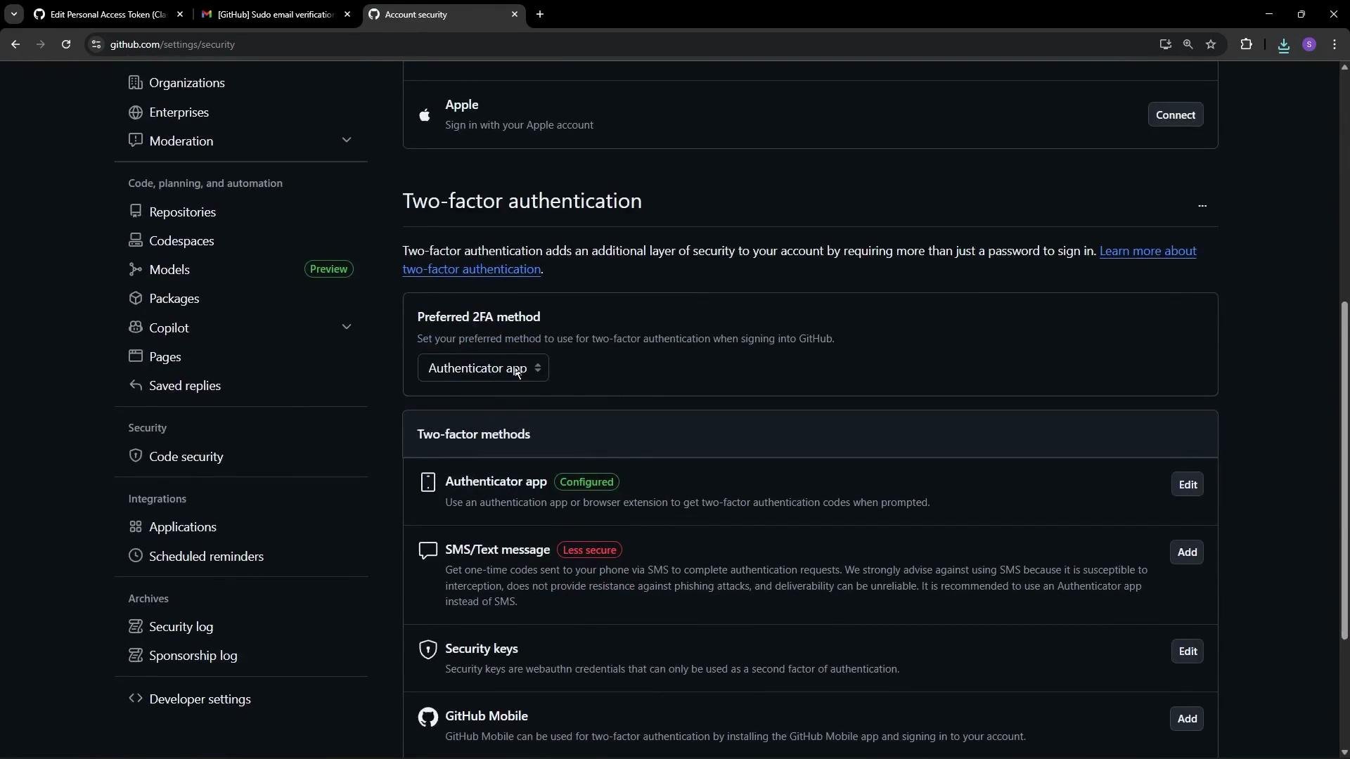 The image shows a GitHub security settings page focused on two-factor authentication options, including the use of an authenticator app, SMS/text message, security keys, and GitHub Mobile for enhanced account security.