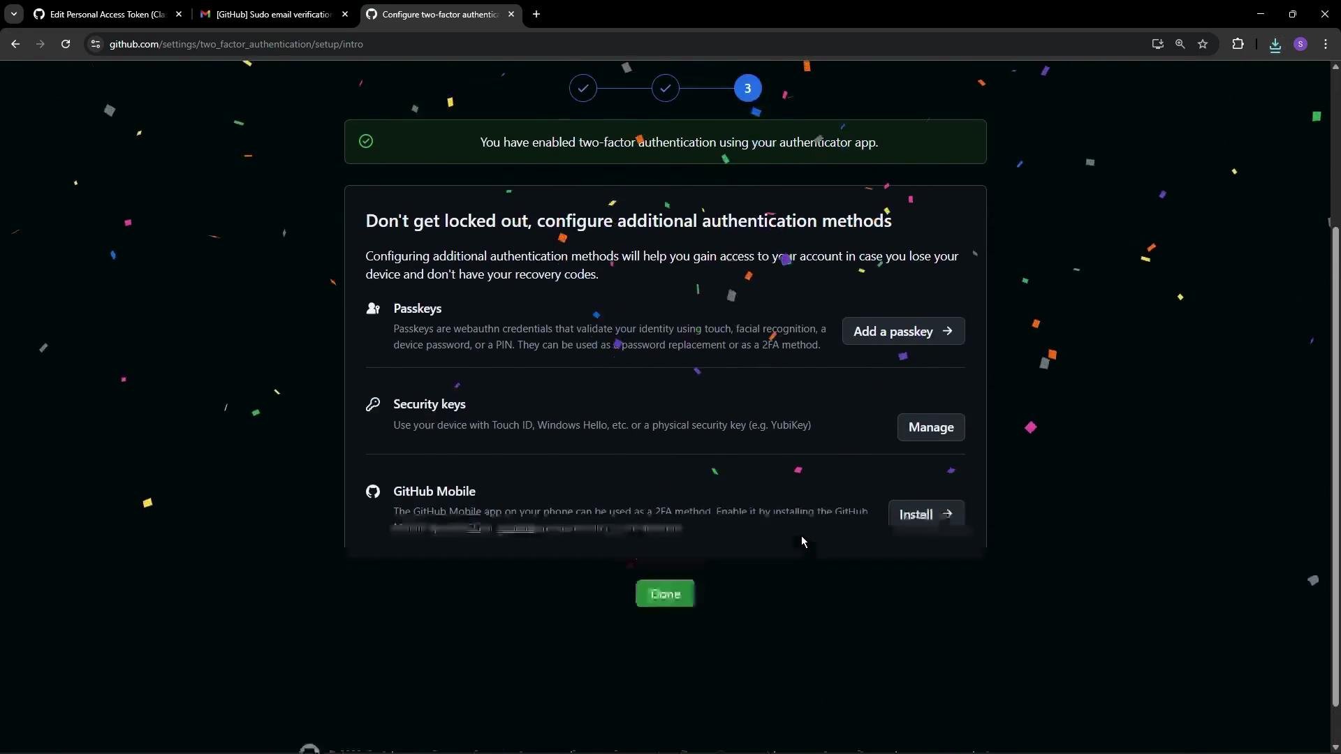 The image shows a GitHub settings page for configuring two-factor authentication, with a message indicating that two-factor authentication has been enabled using an authenticator app. Confetti is visible on the screen, likely celebrating the completion of the setup.