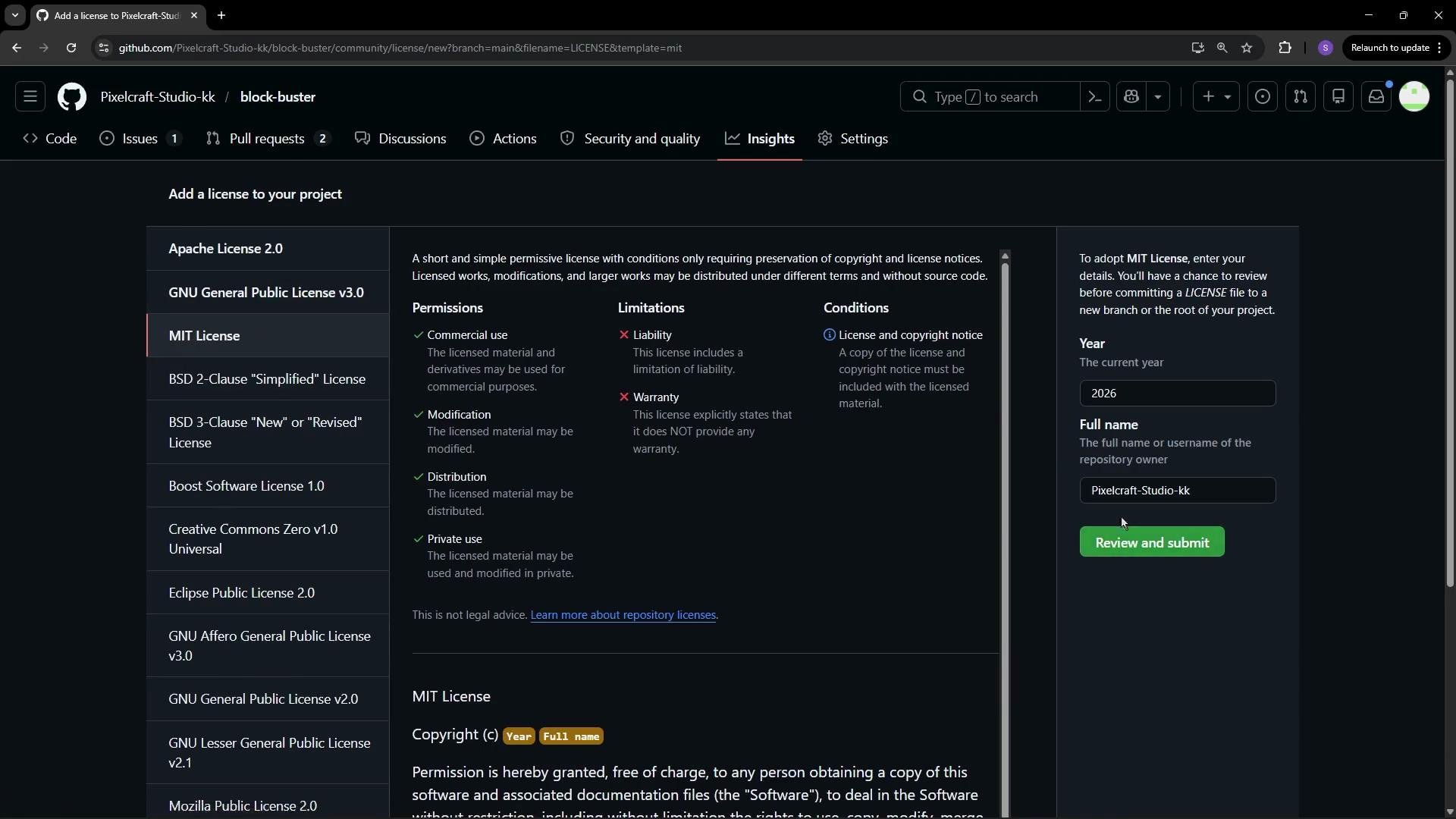 The image shows a GitHub interface where a user is adding an MIT license to their project repository. Various licenses are listed on the left, and details about the MIT license are displayed in the center and right sections.