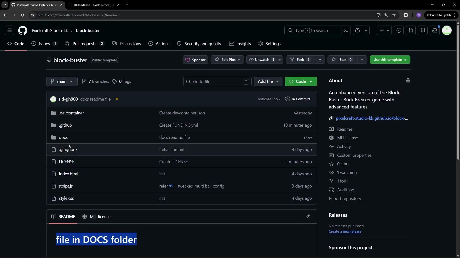 The image shows a GitHub repository page named "block-buster" with folders and files listed, including .devcontainer, .github, docs, .gitignore, LICENSE, index.html, script.js, and style.css. There's also additional project information on the right side.