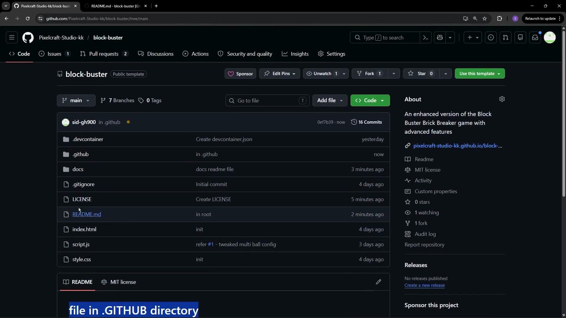 The image shows a GitHub repository named "block-buster" with a list of files and folders, including details about commits and timing. On the right, there's a description stating it's an enhanced version of a brick breaker game.