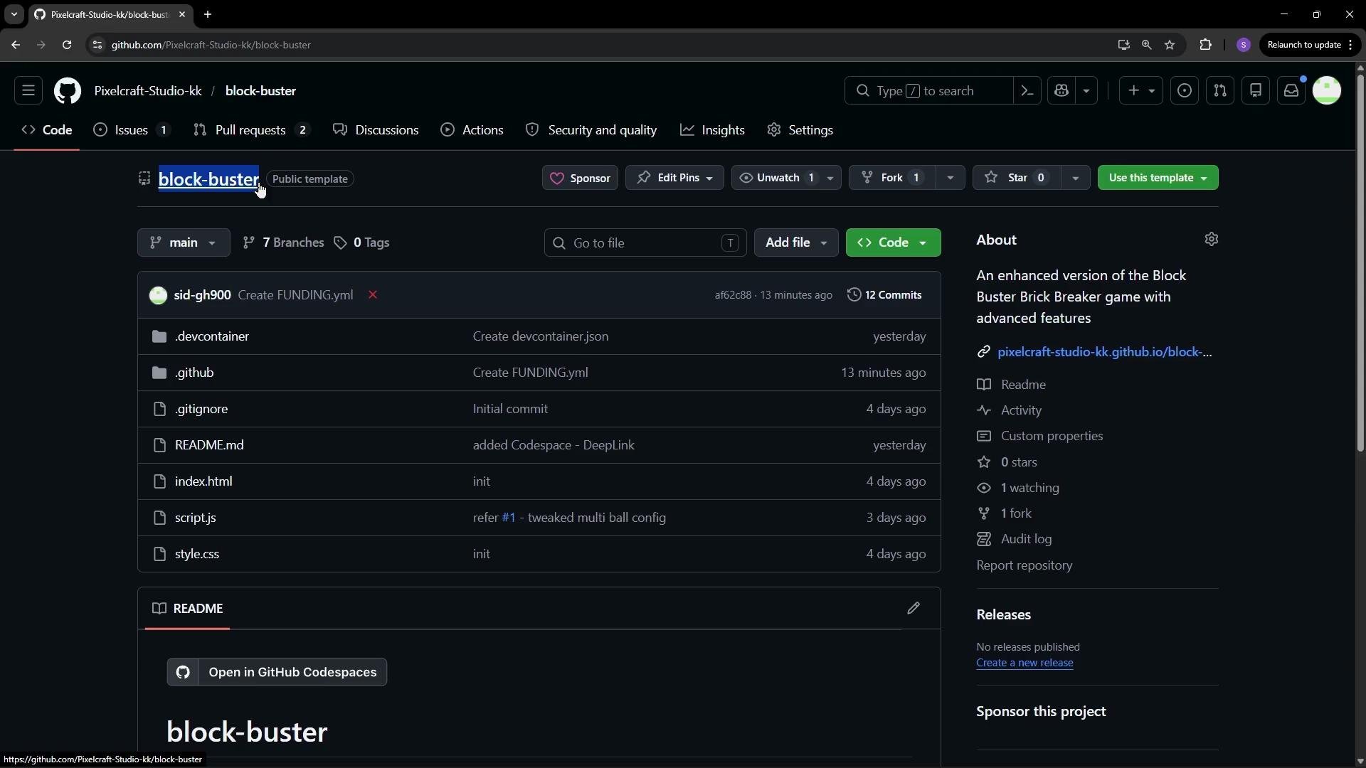 The image shows a GitHub repository page for a project named "block-buster," which is an enhanced version of the Block Buster Brick Breaker game. The repository includes files like .gitignore, README.md, index.html, script.js, and style.css.