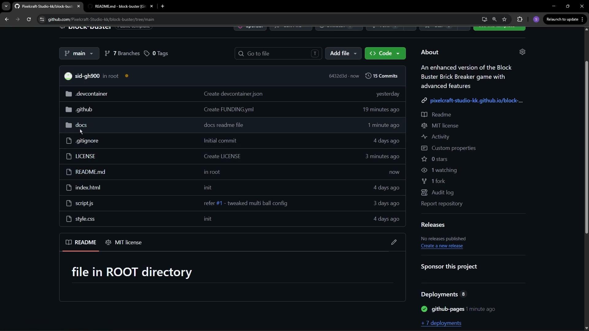 This is a screenshot of a GitHub repository named "block-buster," showing its file structure, recent commits, and repository details. The repository includes folders like .devcontainer, .github, and docs, as well as files like README.md, LICENSE, and others.