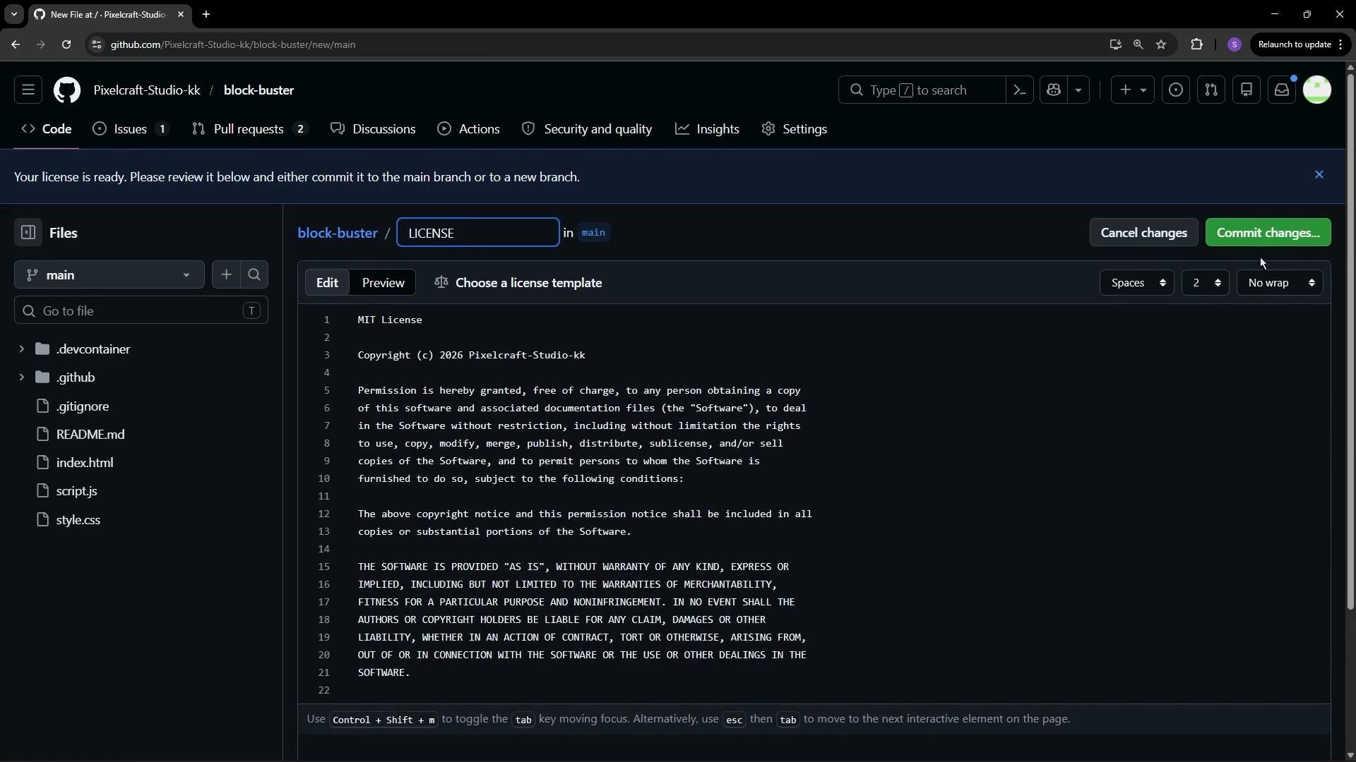 This image shows a GitHub repository with a file open in edit mode displaying the text of an MIT License. The sidebar lists various files and directories in the repository's main branch.
