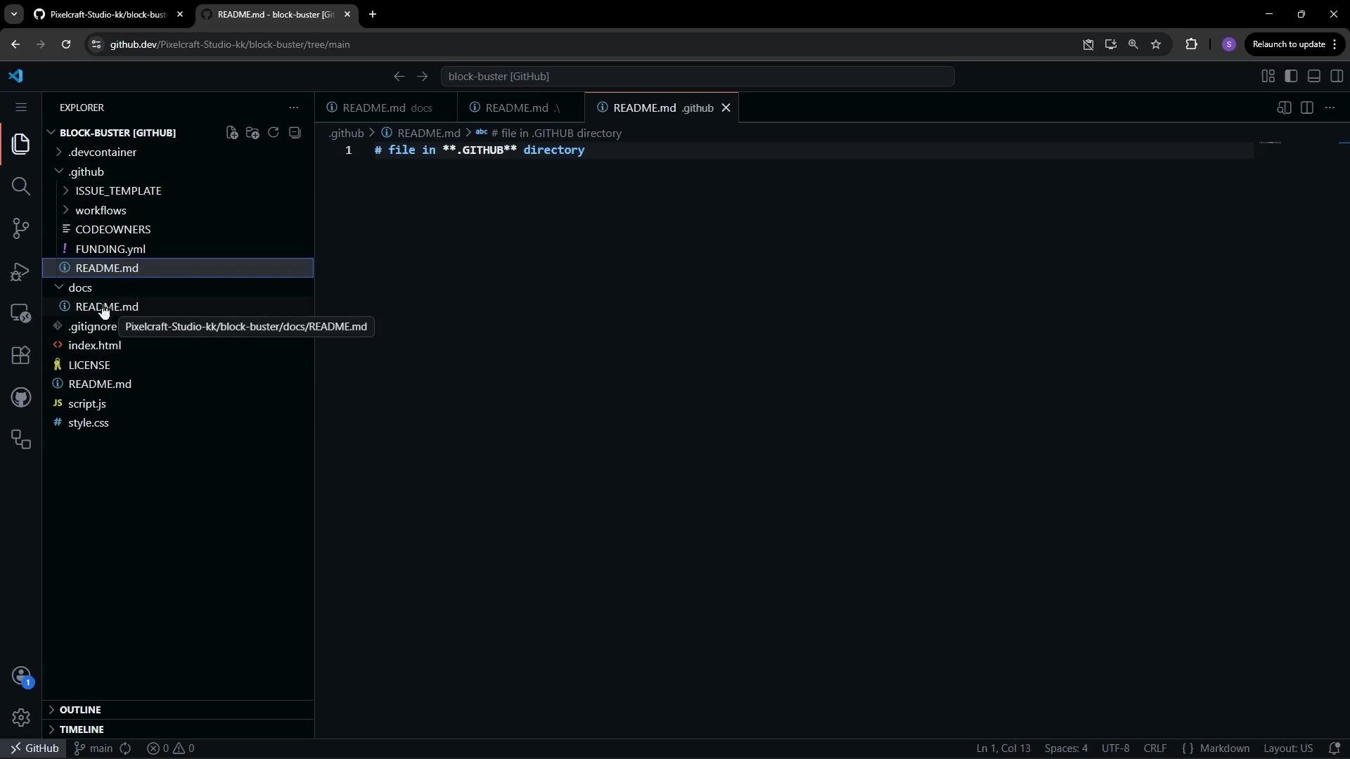 The image shows a Visual Studio Code interface displaying a file explorer pane with a directory structure for a GitHub project called "BLOCK-BUSTER" and a README.md file open in the editor.