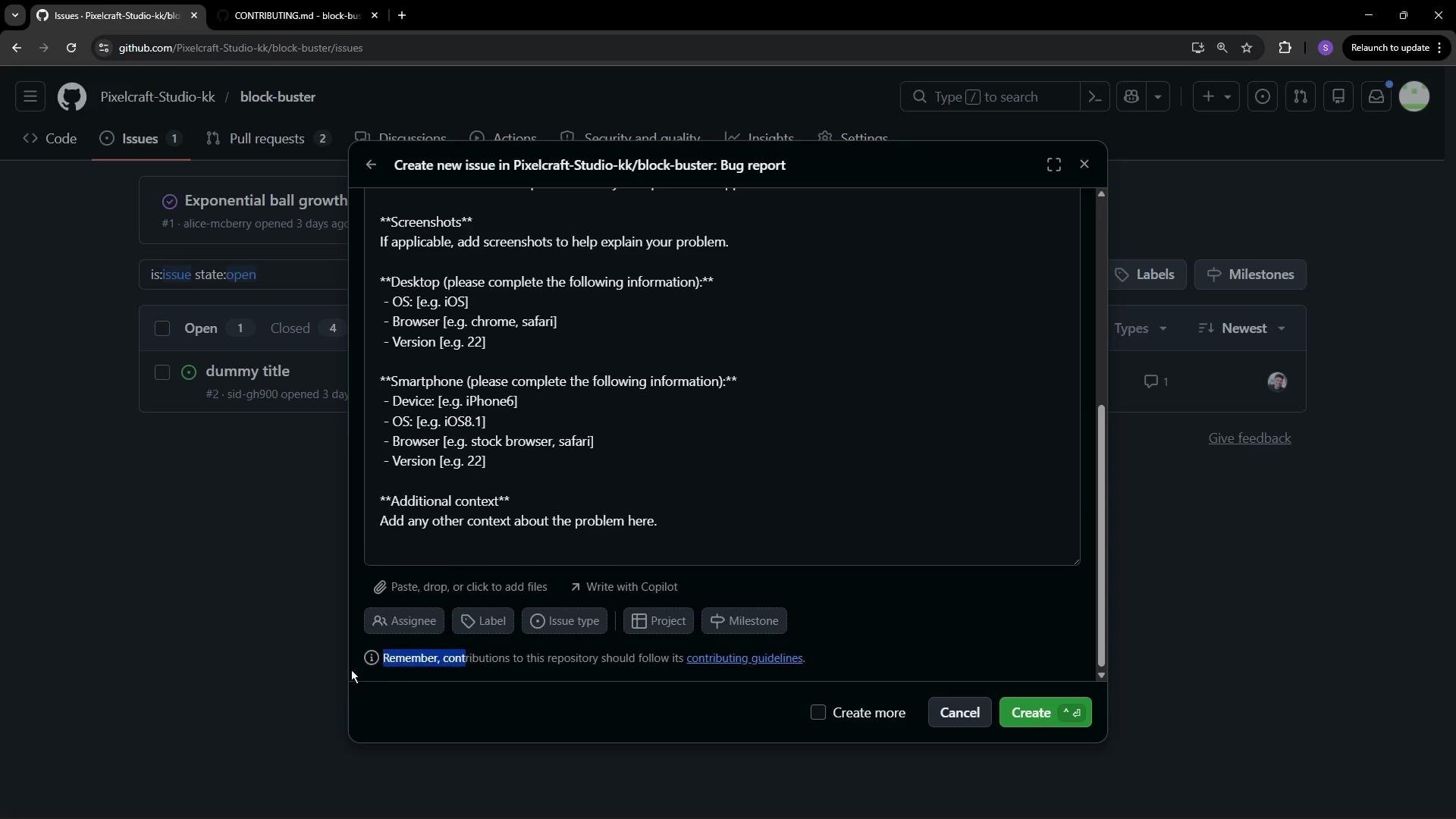 The image shows a GitHub interface with a pop-up window for creating a new issue in a repository named "block-buster." The window includes a form for inputting screenshots, device information, and additional context.