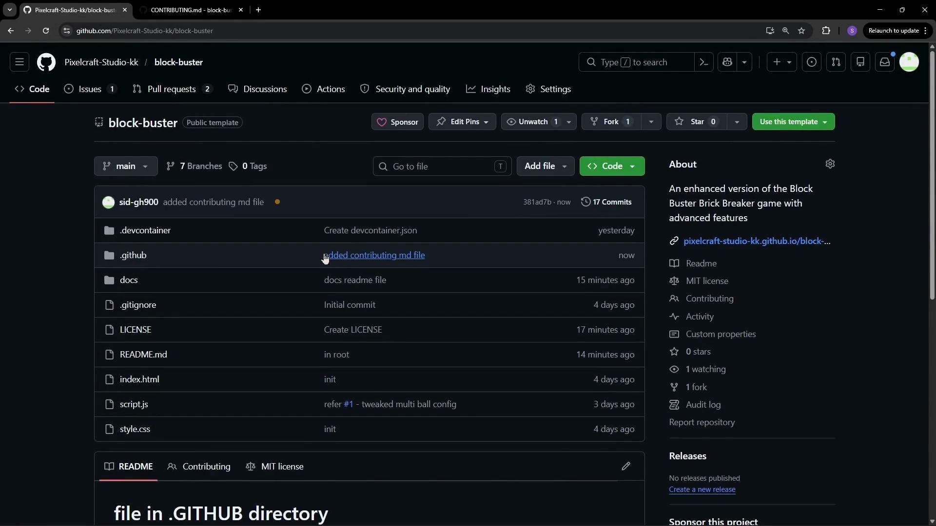 The image shows a GitHub repository page with directories and files listed, along with recent commit messages. On the right, there is a brief description of the repository and options related to repository management and settings.
