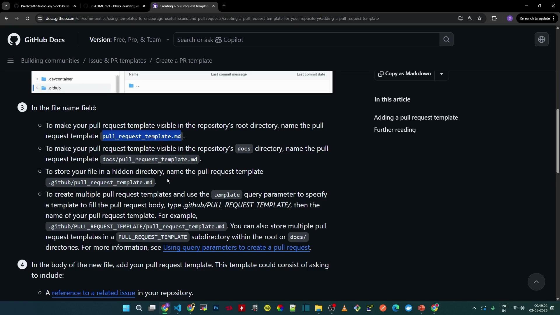 The image shows a screenshot of a GitHub Docs page providing instructions on creating a pull request template, with details on how to name and store the template files.