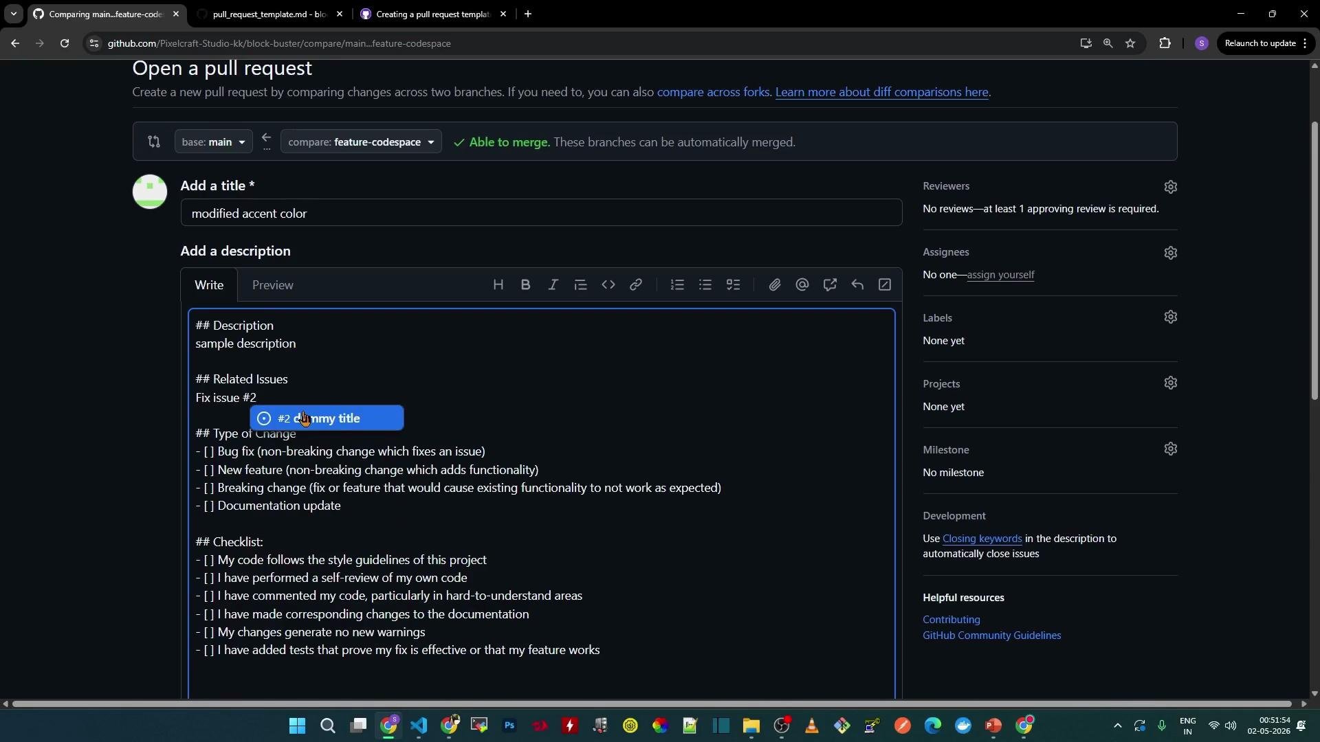 The image shows a GitHub interface for creating a pull request. It includes sections for adding a title, description, related issues, and type of change, along with checkboxes for a checklist and other project management options.