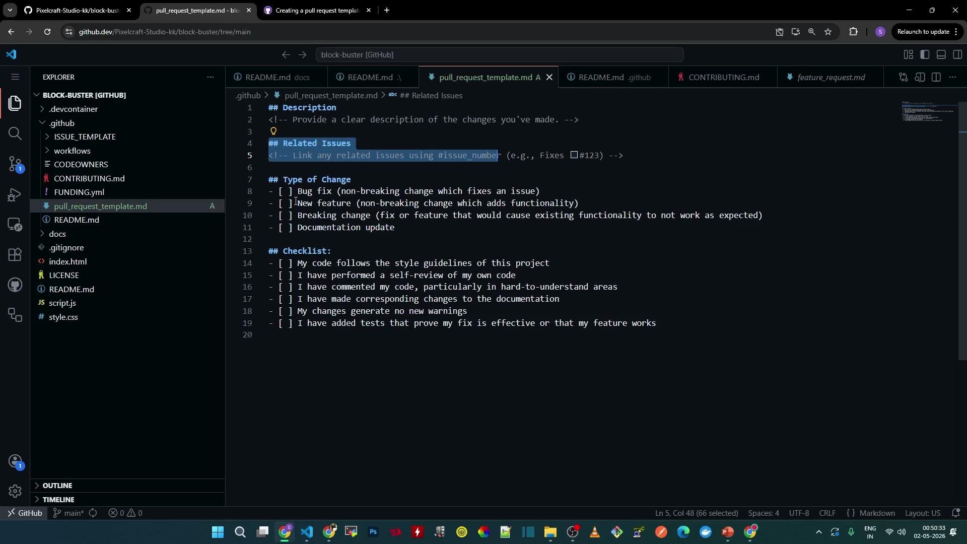 The image shows a Visual Studio Code interface with a file named "pull_request_template.md" open, displaying markdown text related to descriptions, types of changes, and a checklist for code contributions. The sidebar lists files in a GitHub repository.