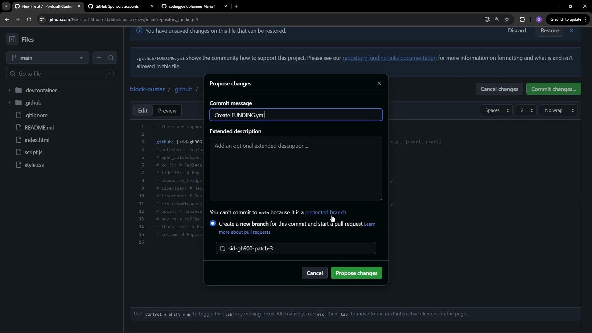 The image shows a GitHub interface where a user is proposing changes to a FUNDING.yml file but cannot commit directly to the main branch because it's protected.