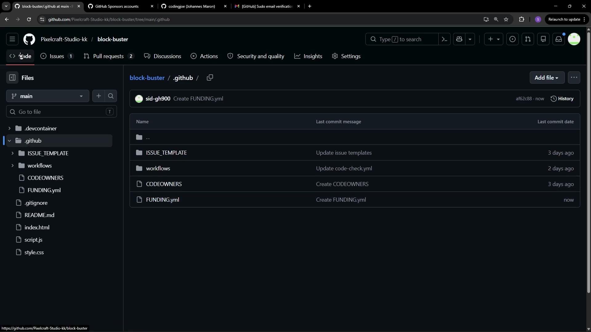 The image shows a GitHub repository interface for a project named "block-buster" by "Pixelcraft-Studio-kk," highlighting its directory structure and recent commit activity.