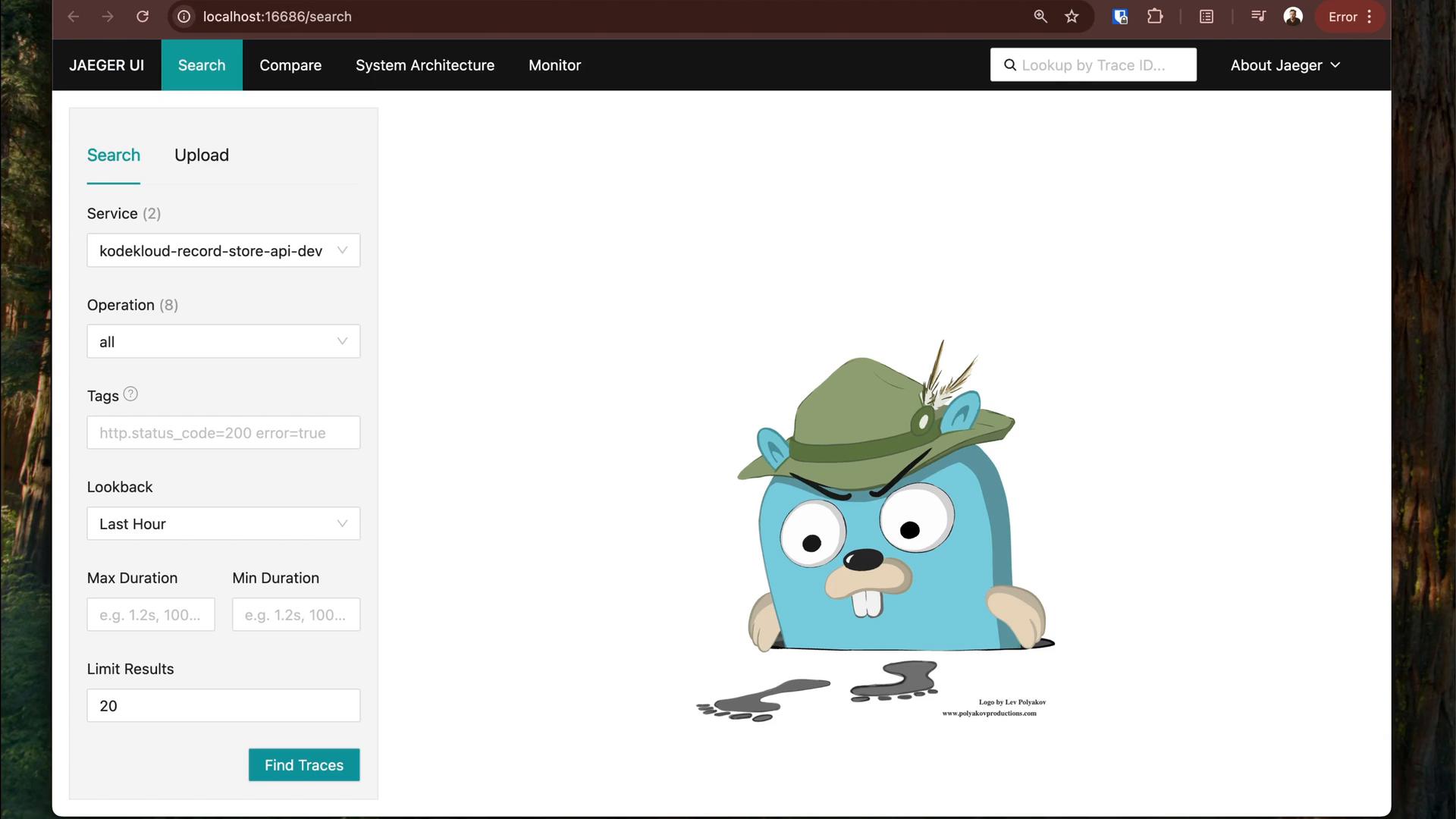 A screenshot of the Jaeger UI search page with a left-side search form. On the right is a large cartoon blue gopher wearing a green hat peeking up from the bottom of the screen.