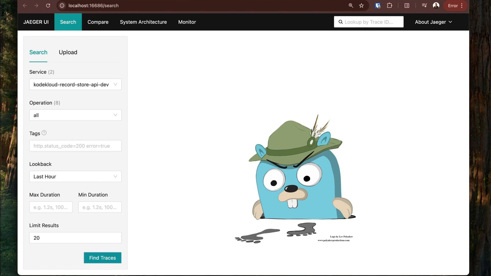A screenshot of the Jaeger UI search page with a left-side search form. On the right is a large cartoon blue gopher wearing a green hat peeking up from the bottom of the screen.