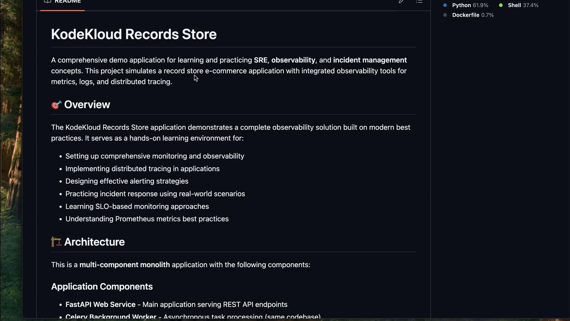 A dark-themed README/documentation page for "KodeKloud Records Store" showing an overview and architecture sections. It lists goals and bullet points about observability, monitoring, distributed tracing, and application components.